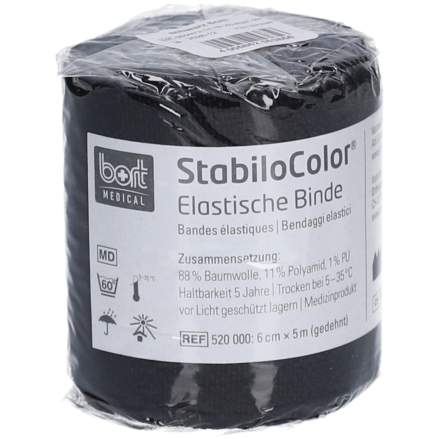 Bande élastique noire emballée. Étiquette: bort MEDICAL, StabiloColor, bande élastique, REF 520 000: 6 cm x 5 m.