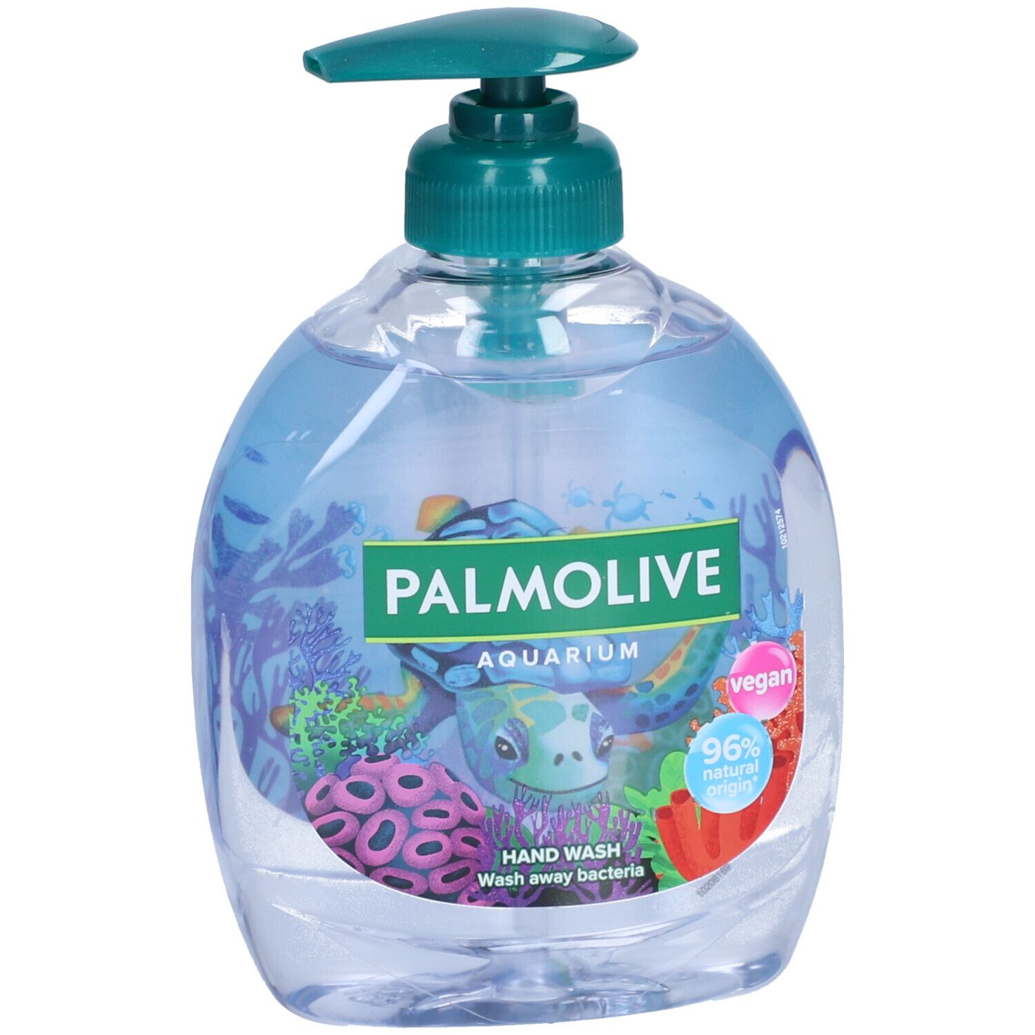 Savon liquide bleu. Inscription: Palmolive Aquarium, tortue de mer, 96% d'origine naturelle, vegan.