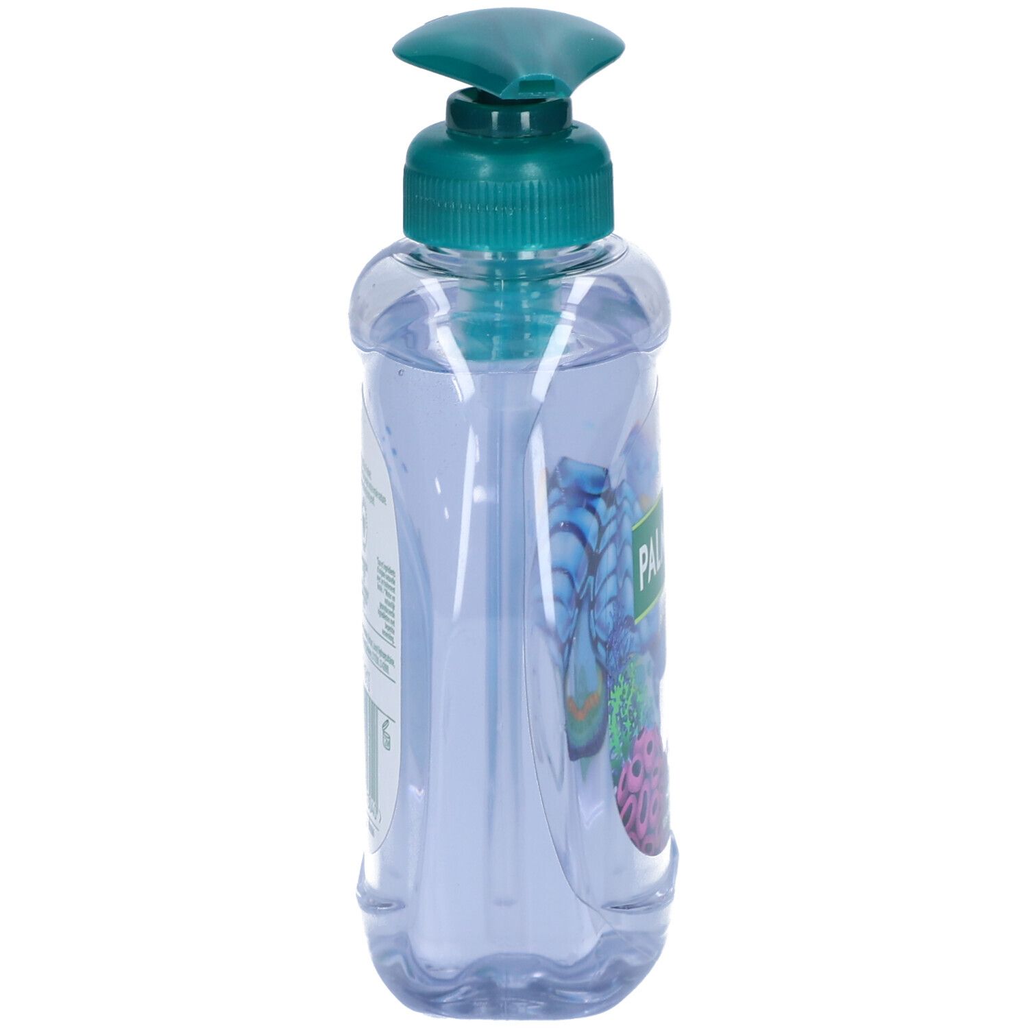 Flacon de savon liquide transparent avec contenu bleu. Tête de pompe verte. Inscription: Palmolive Aquarium.
