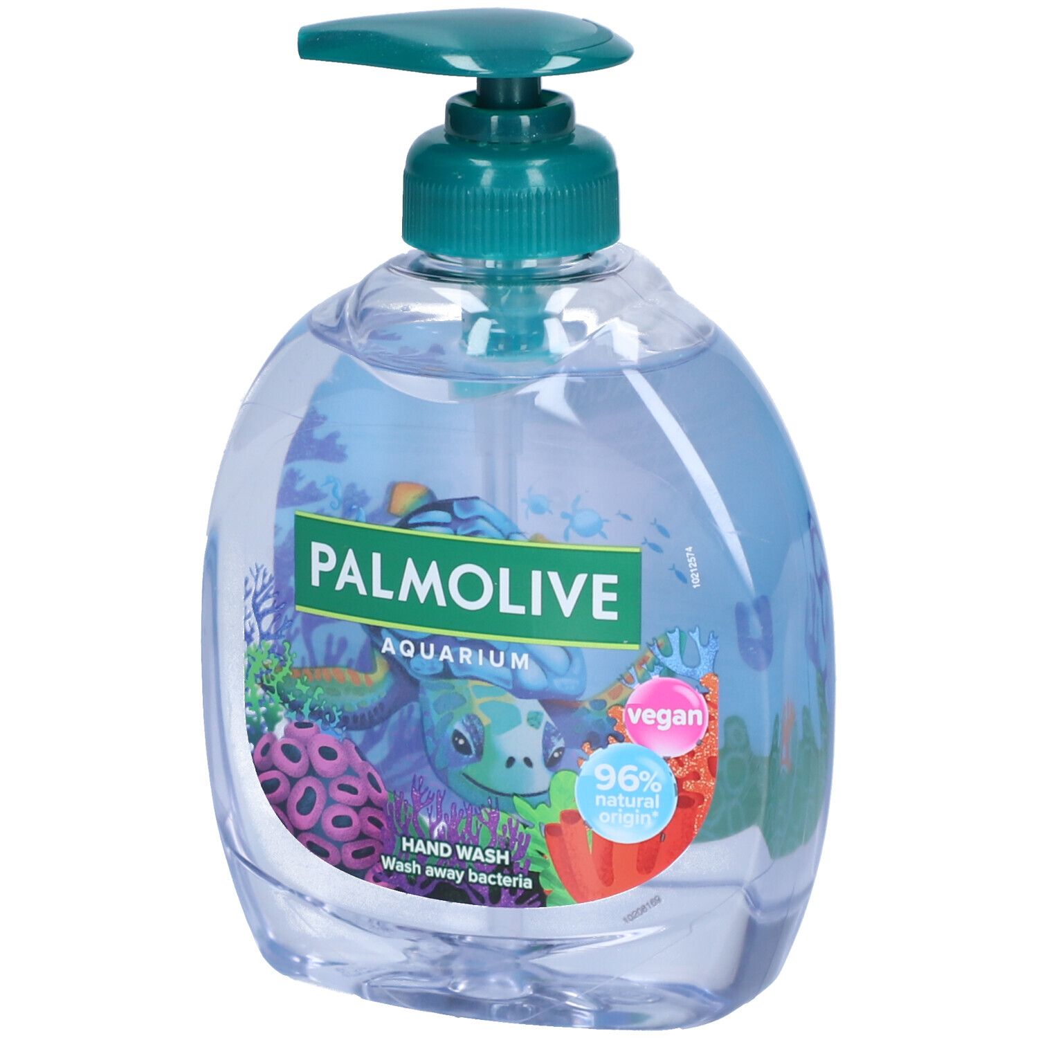 Savon liquide bleu. Inscription: Palmolive Aquarium, tortue de mer, 96% d'origine naturelle, vegan.