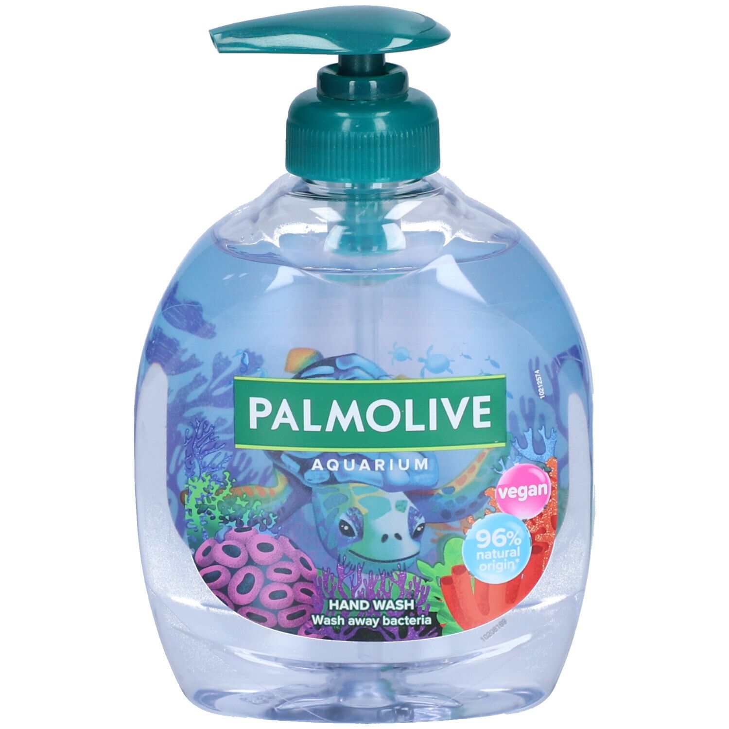 Savon liquide bleu. Inscription: Palmolive Aquarium, tortue de mer, 96% d'origine naturelle, vegan.