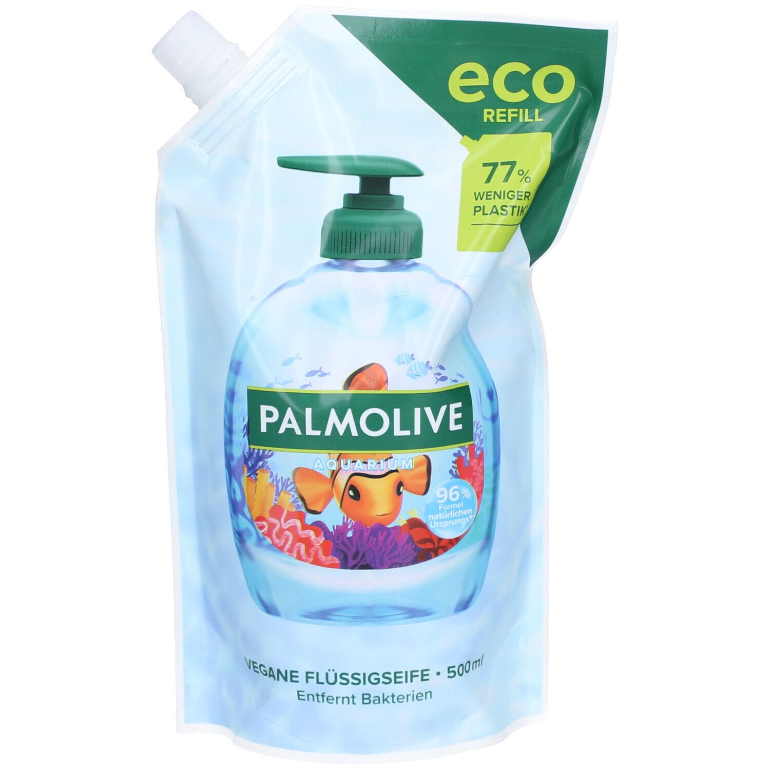 Recharge de savon liquide Palmolive. Emballage vert et blanc avec pompe. Motif poisson. Label "Eco Refill".