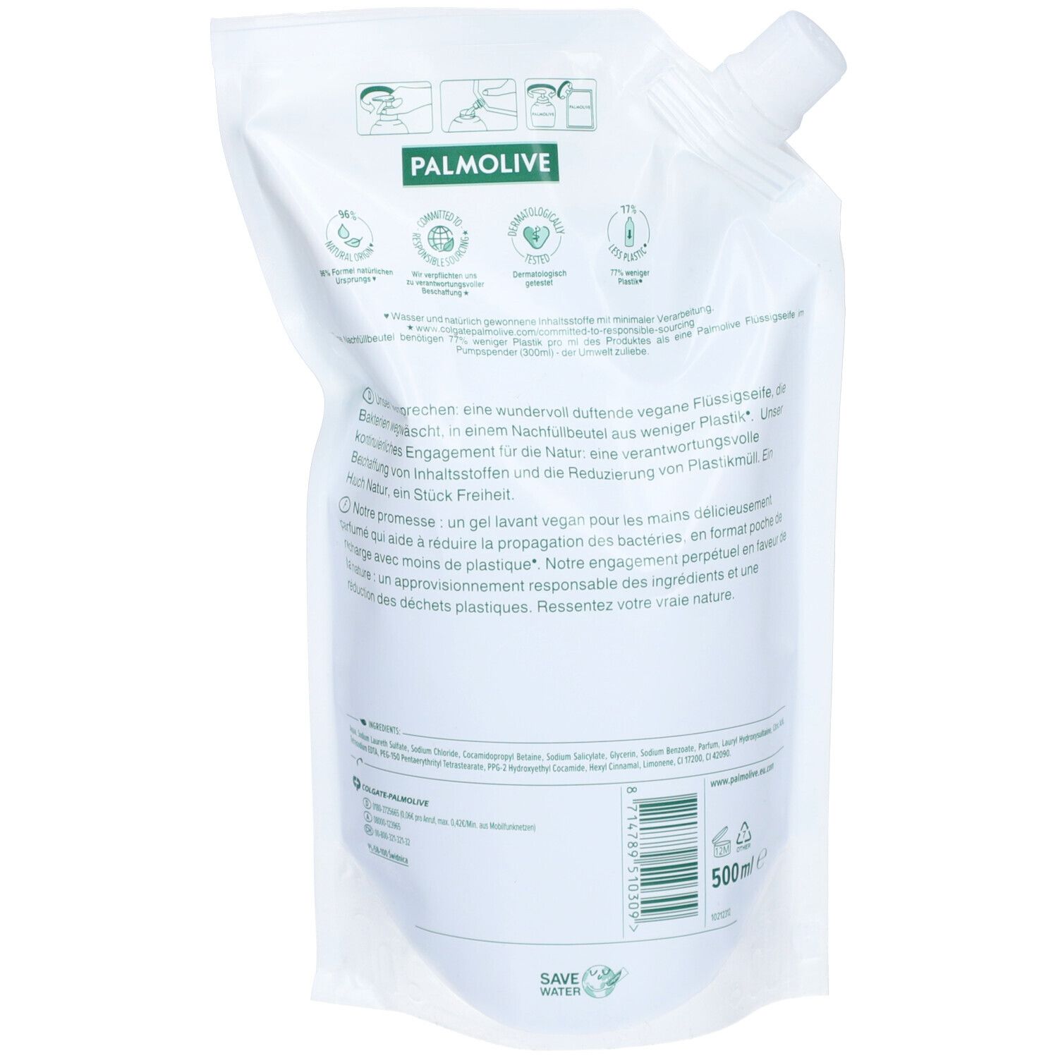 Dos de la recharge de savon liquide Palmolive. Blanc avec texte et logos. Logo "Save Water".