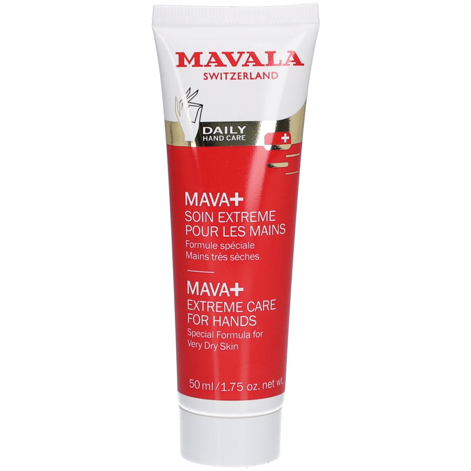 Tube blanche avec texte rouge. MAVALA Switzerland, Daily Hand Care. MAVA+ Soin extrême pour les mains. 50 ml.