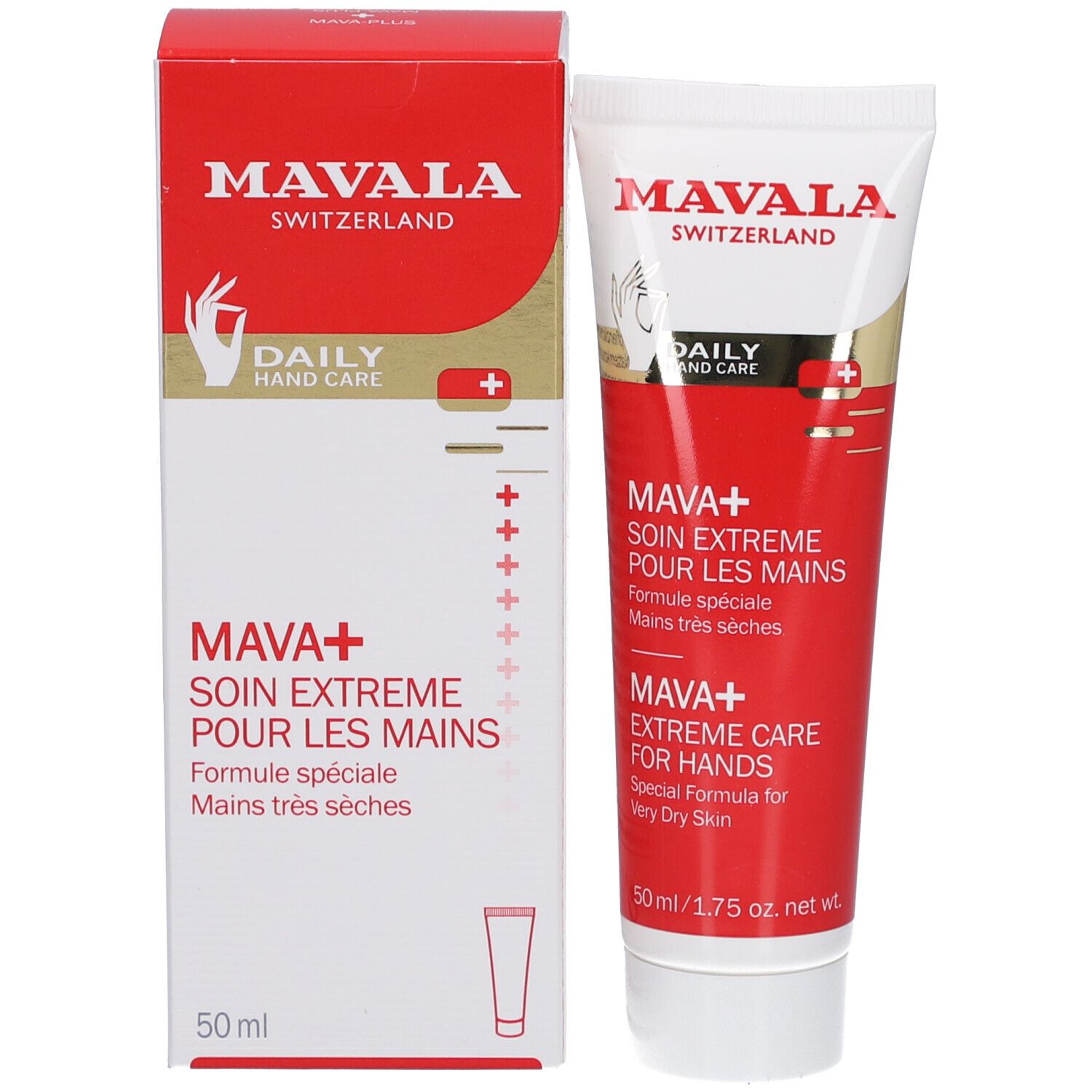 Emballage produit avec tube. MAVALA Switzerland, Daily Hand Care. MAVA+ Soin extrême pour les mains. 50 ml.