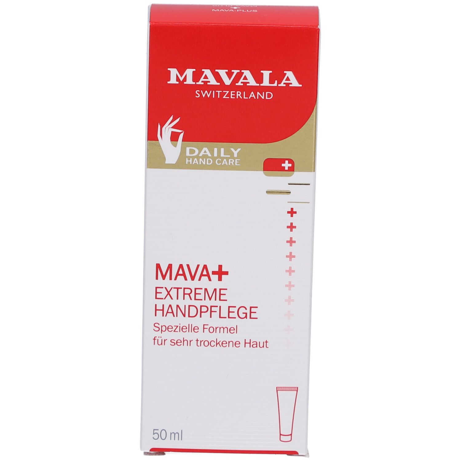 Emballage produit. MAVALA Switzerland. MAVA+ Soin extrême. Formule spéciale pour peaux très sèches. 50 ml.