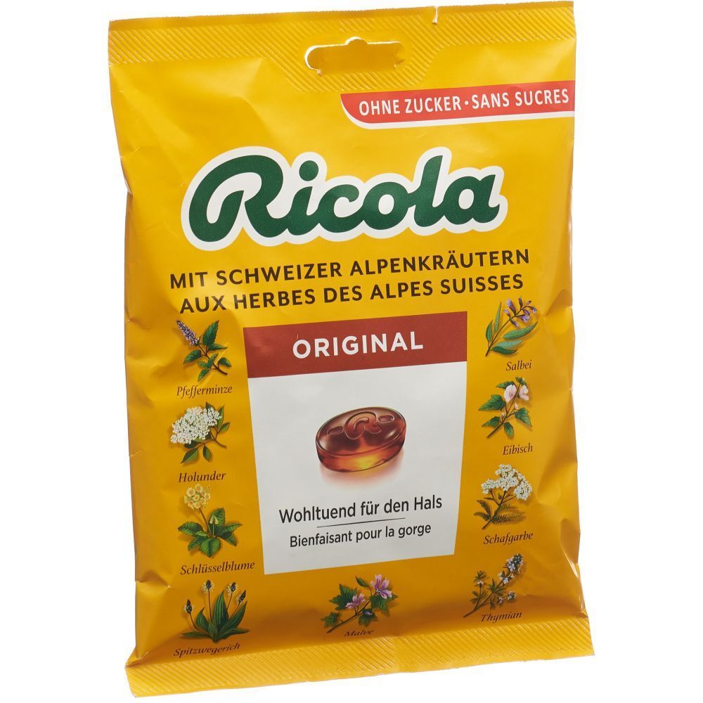 Ricola Original Kräuterbonbons: Emballage jaune avec illustrations d'herbes et le logo Ricola. Sans sucre.