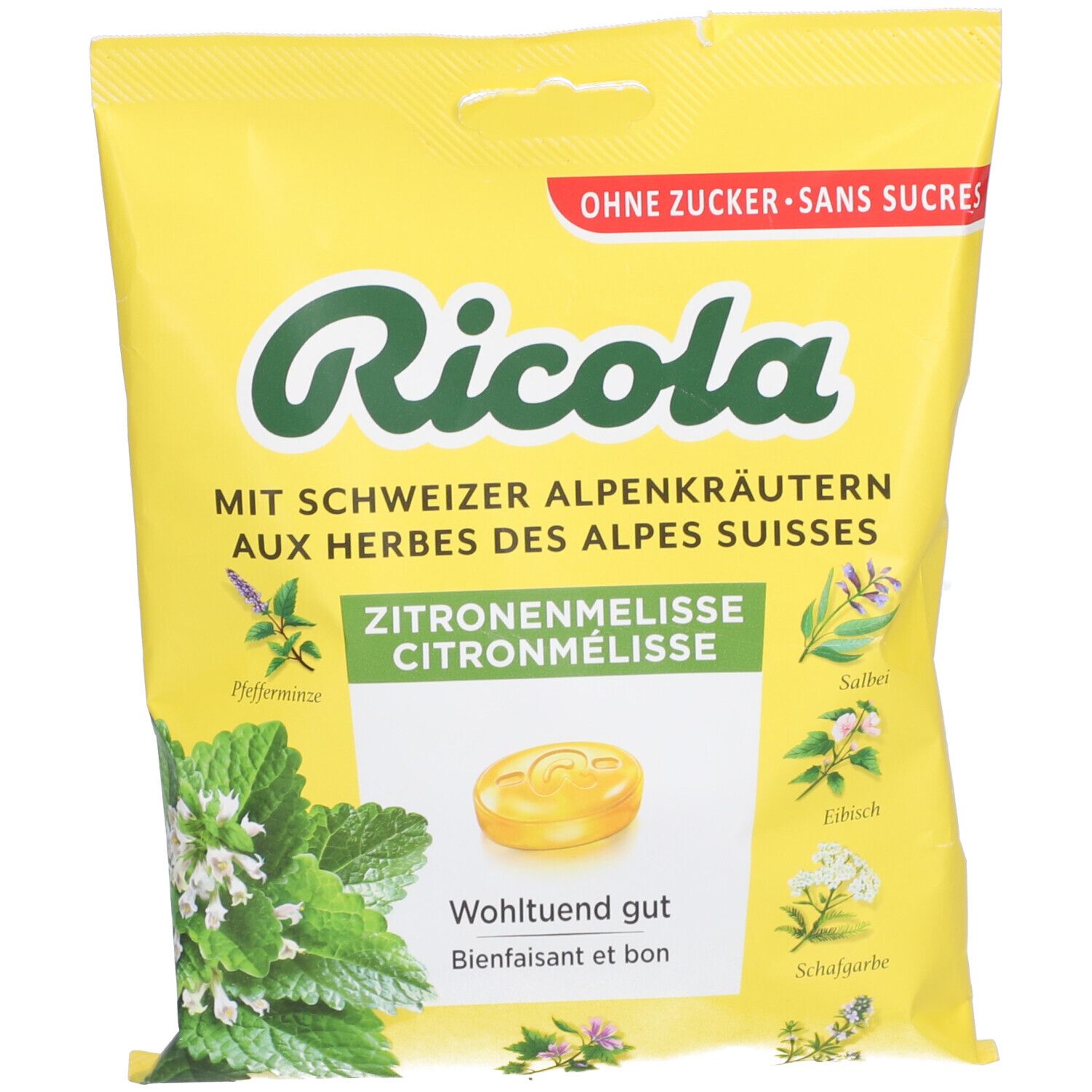 Sachet jaune Ricola. Bonbon à la mélisse citronnée. Texte: Sans sucres. Illustrations d'herbes.