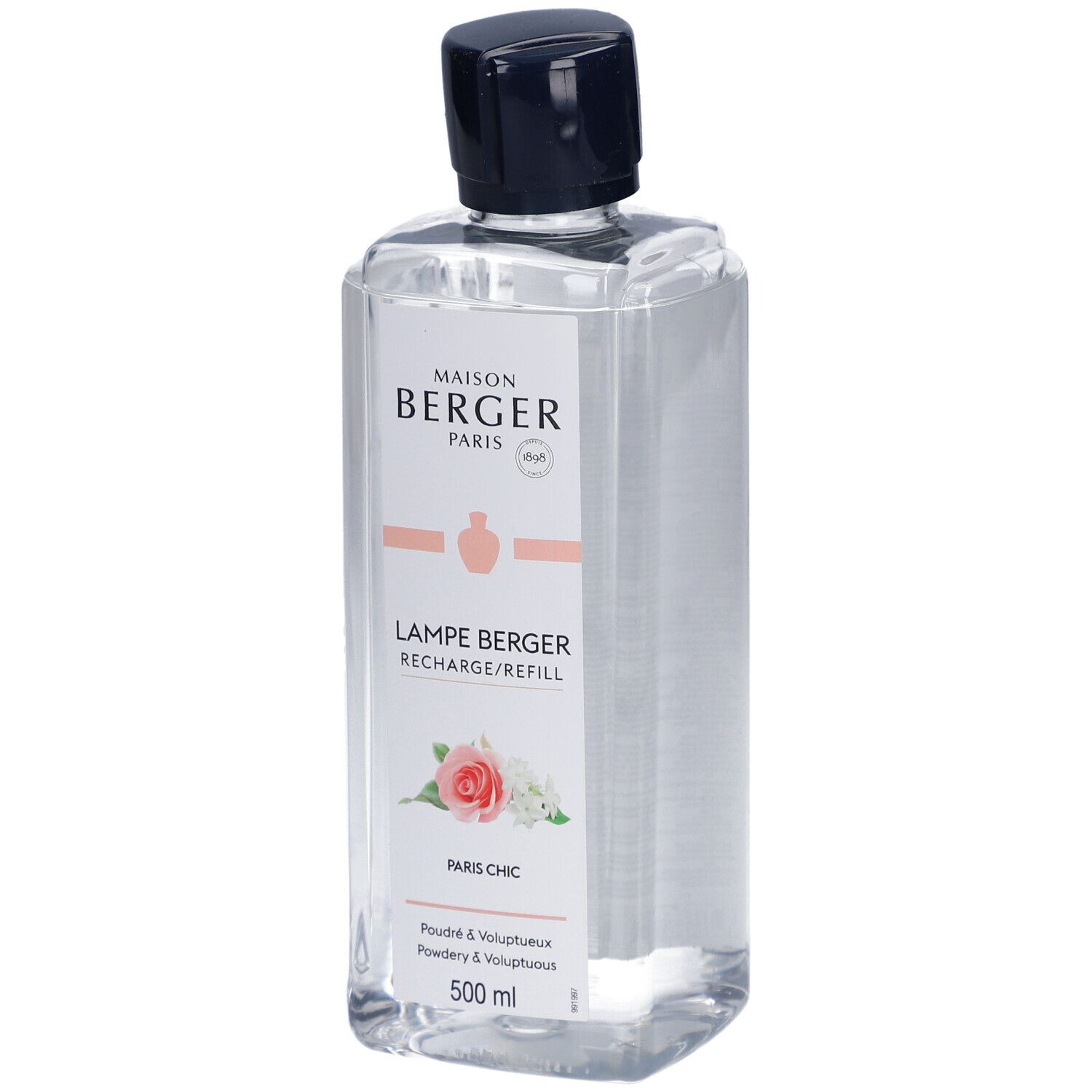Recharge Lampe Berger, liquide clair, bouchon noir. Étiquette avec nom du produit, fleurs et logo Maison Berger Paris.