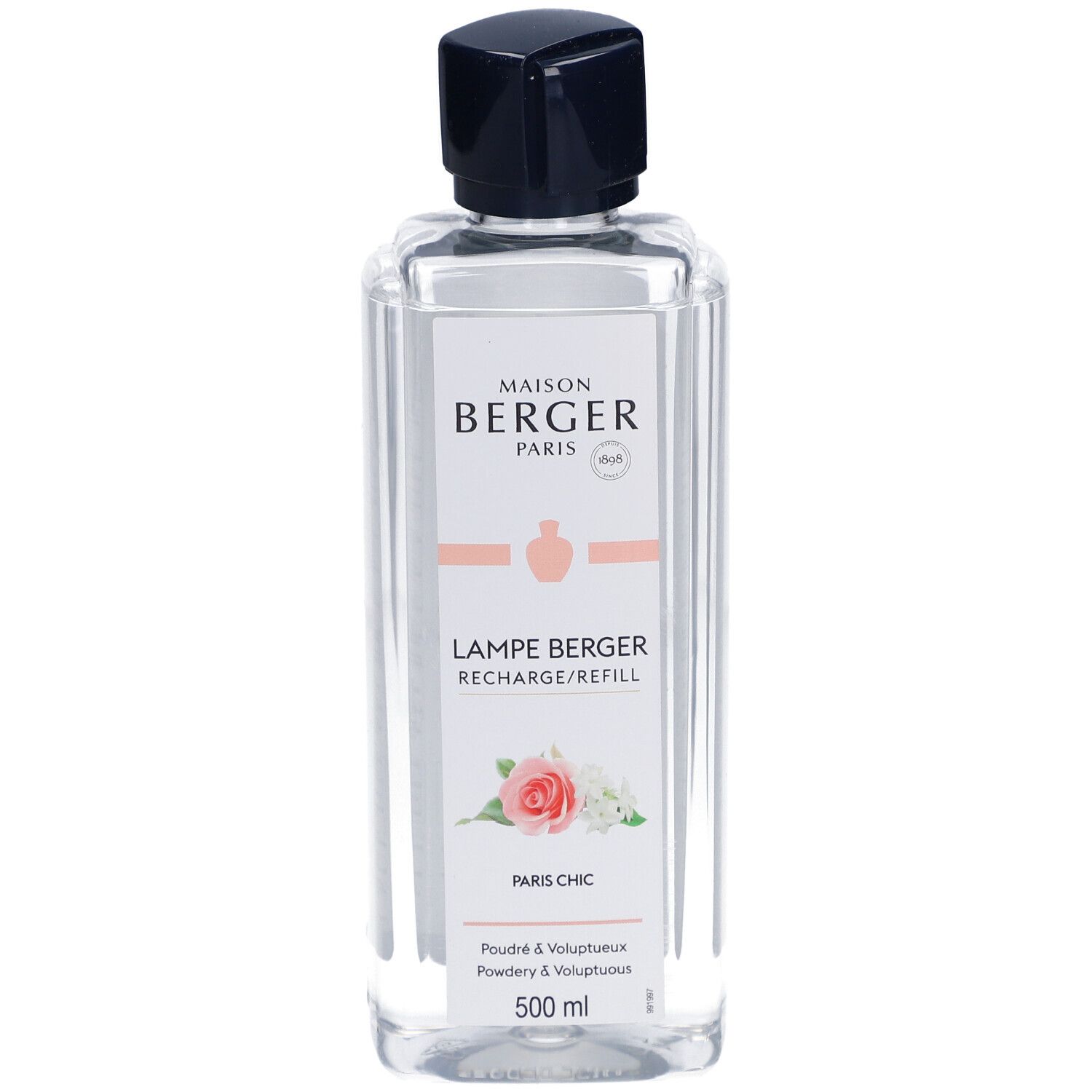 Recharge Lampe Berger, flacon rectangulaire, bouchon noir. Étiquette avec nom, fleurs et logo.