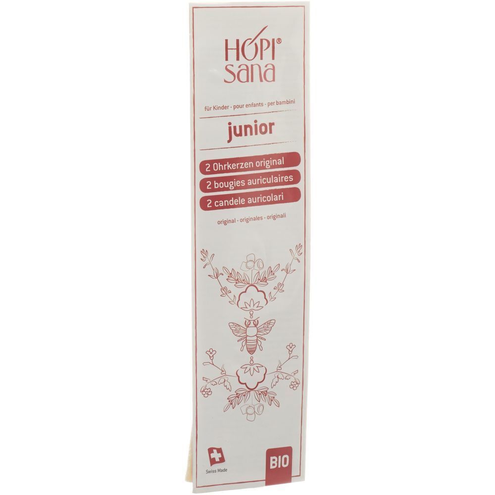 Emballage avec informations produit. Texte rouge sur fond blanc. "HOPISANA" et "junior" sont visibles.