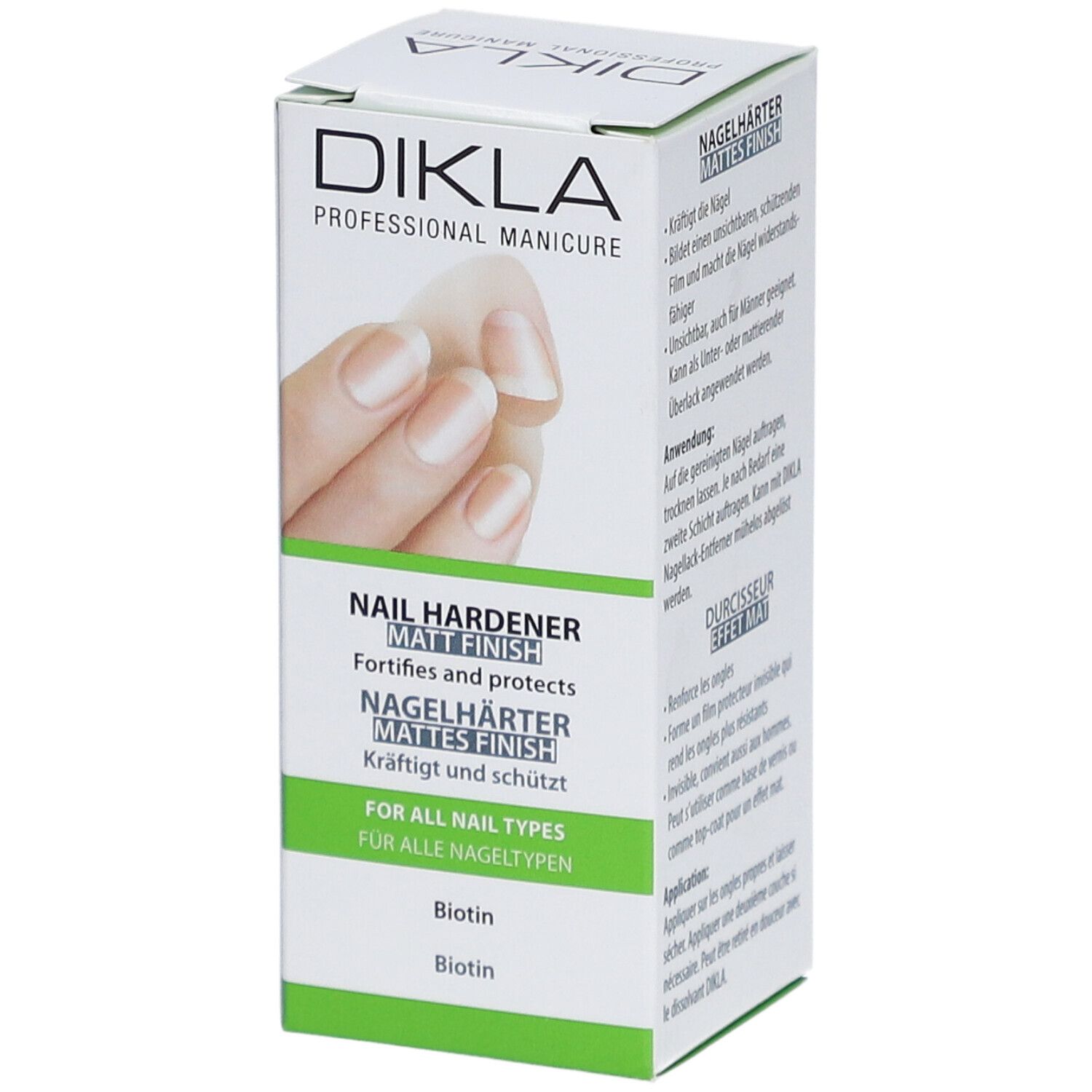 DIKLA durcisseur d'ongles mat. Boîte blanche avec image et texte du produit. Contient des informations sur les ingrédients et l'utilisation.