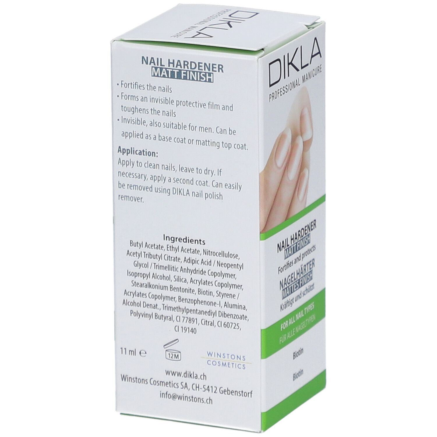 DIKLA durcisseur d'ongles mat. Boîte blanche avec informations sur le produit. Contient ingrédients, instructions et informations fabricant.