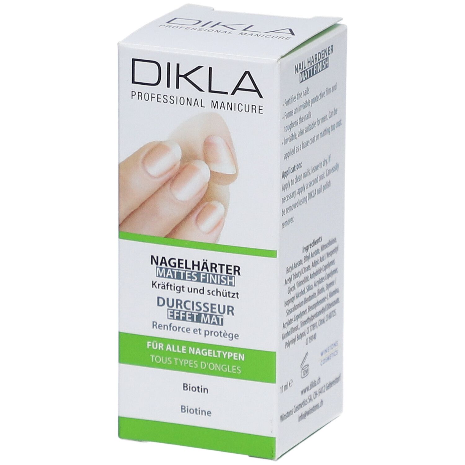 DIKLA durcisseur d'ongles mat. Boîte blanche avec image et texte du produit. Contient des informations sur les ingrédients et l'utilisation.