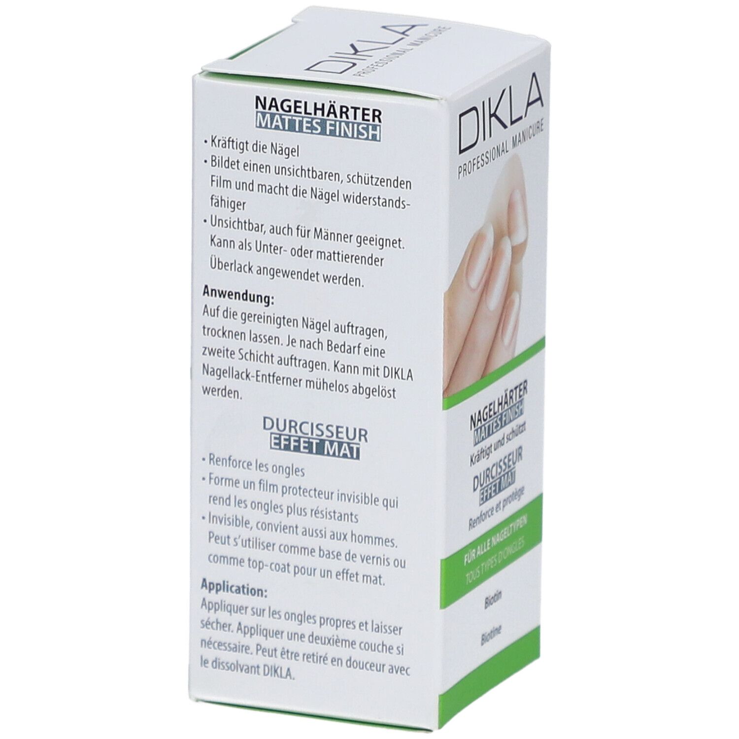 DIKLA durcisseur d'ongles mat. Boîte blanche avec informations sur le produit. Contient des informations sur les ingrédients et l'utilisation.