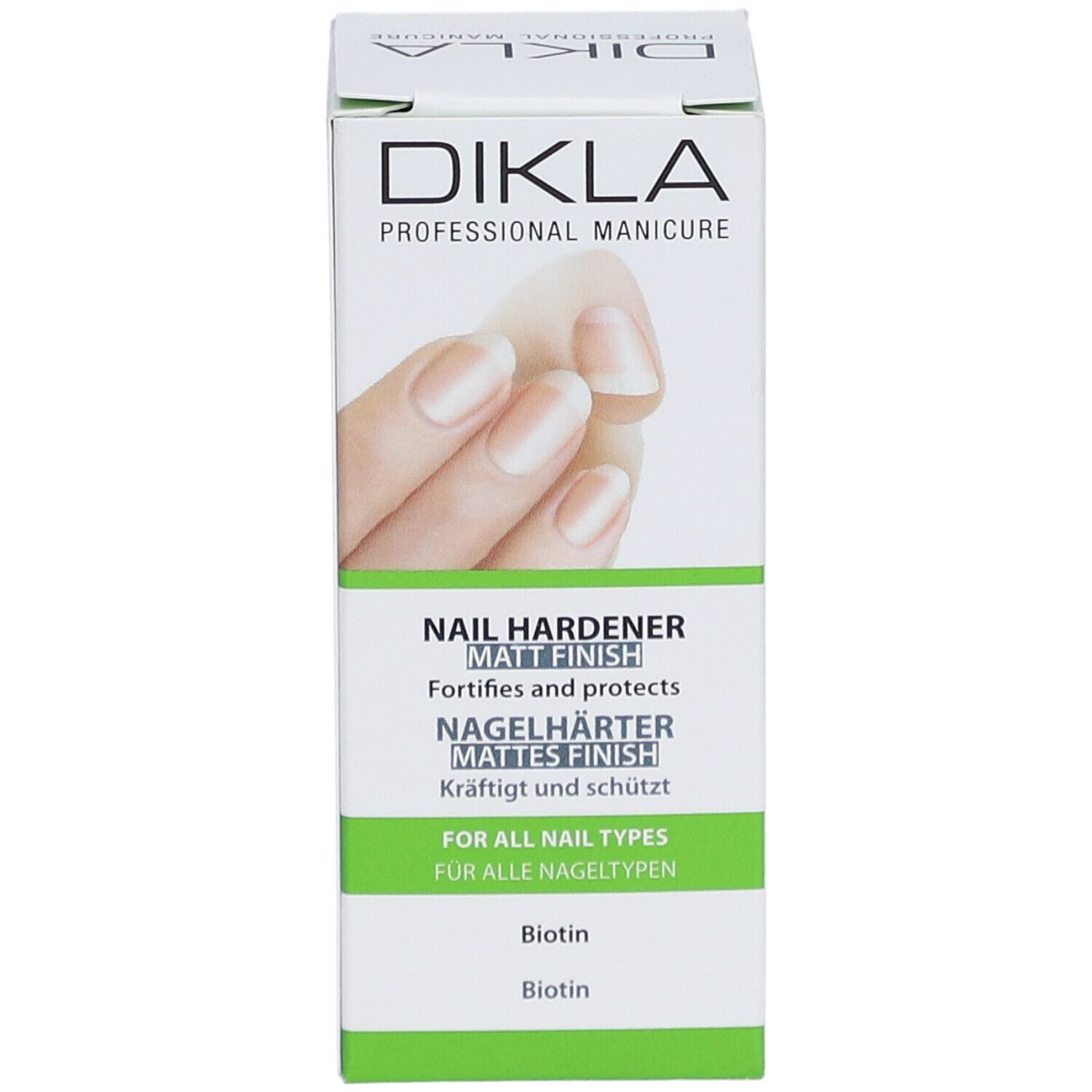 DIKLA durcisseur d'ongles mat. Boîte blanche avec image et texte du produit. Contient des informations sur les ingrédients et l'utilisation.