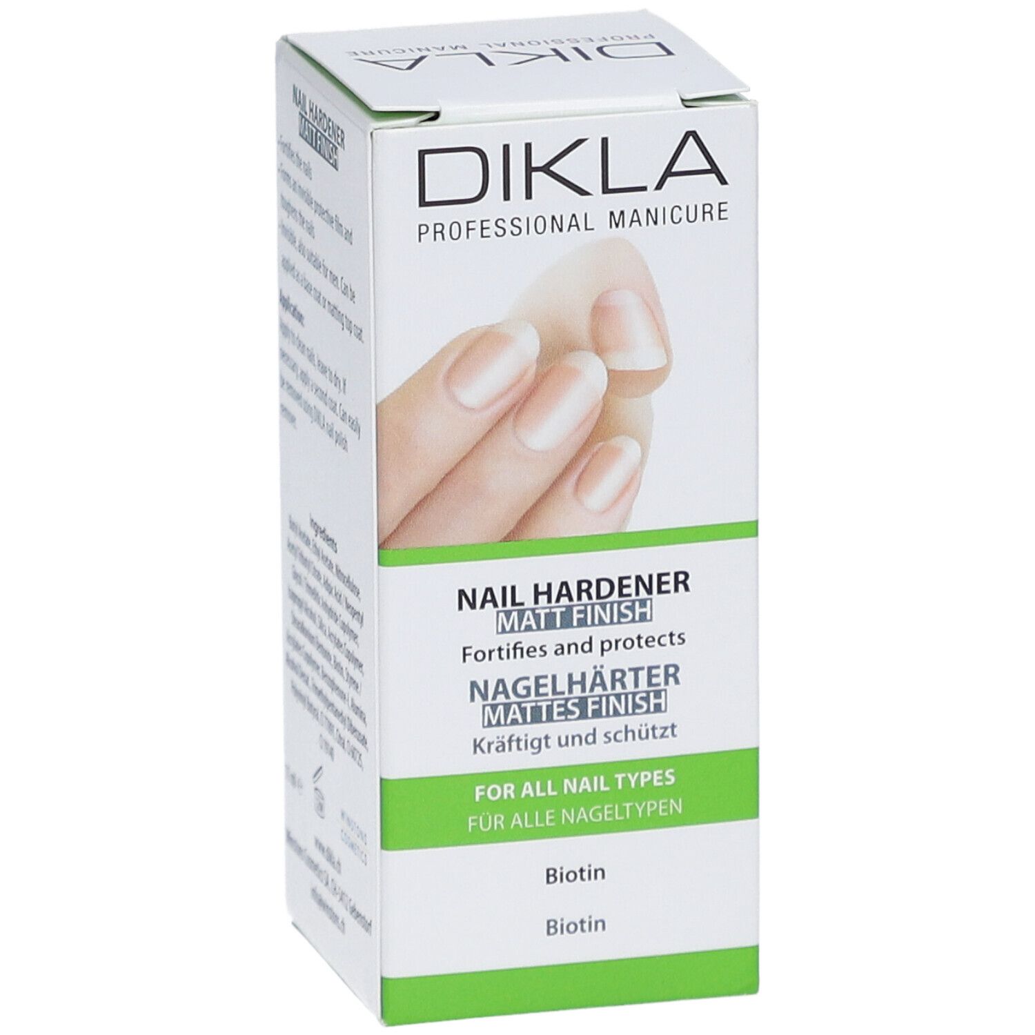 DIKLA durcisseur d'ongles mat. Boîte blanche avec image et texte du produit. Contient des informations sur les ingrédients et l'utilisation.