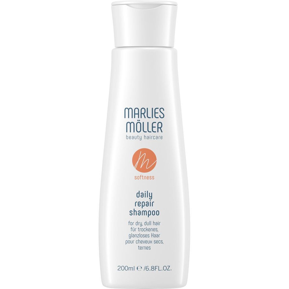 Flacon de shampooing blanc avec bouchon blanc. Inscription: Marlies Müller, daily repair shampoo. 200ml/6.8FL.OZ.