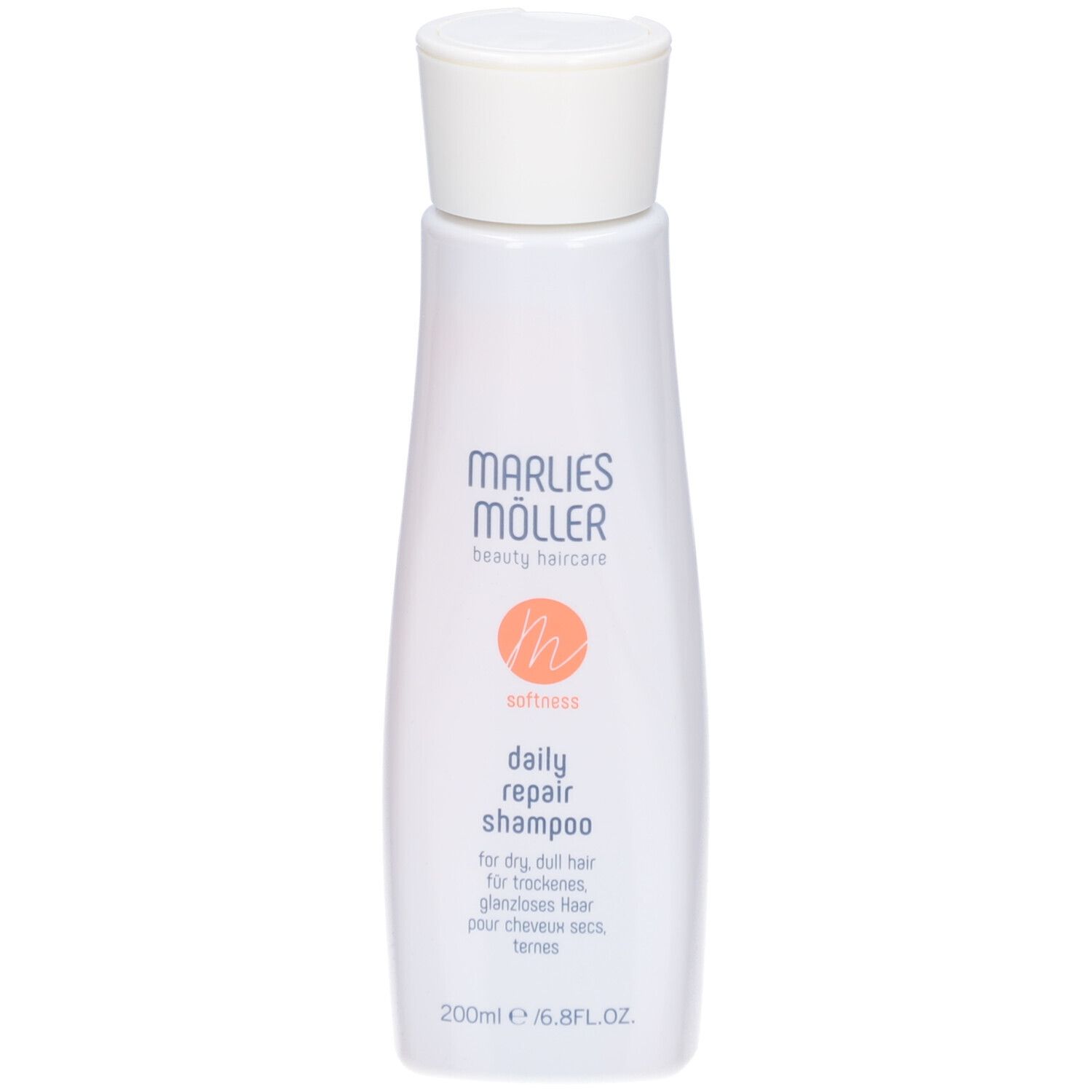Flacon de shampooing blanc. Inscription: Marlies Müller, daily repair shampoo. 200ml/6.8FL.OZ.