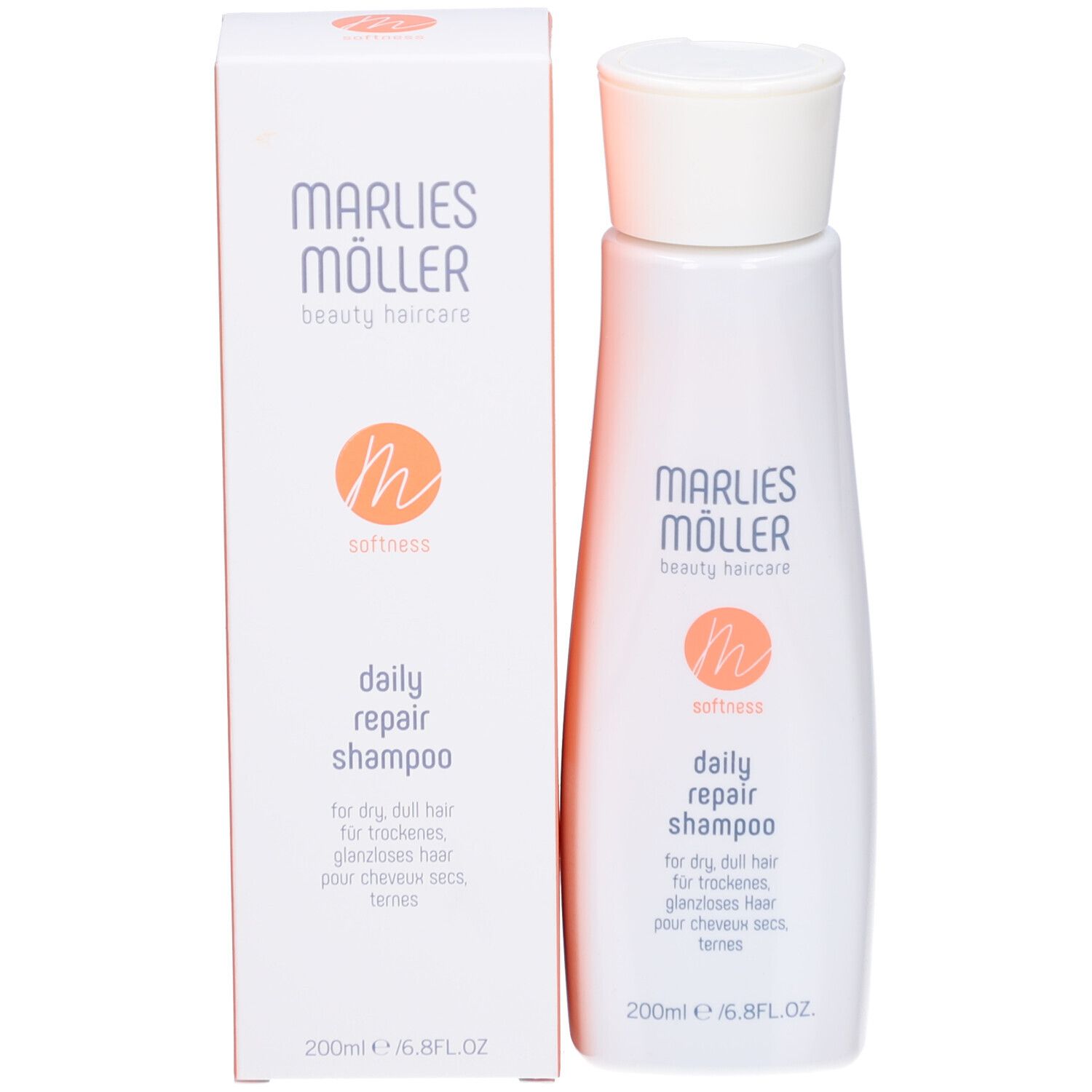 Flacon de shampooing avec emballage. Inscription: Marlies Müller, daily repair shampoo. 200ml/6.8FL.OZ.
