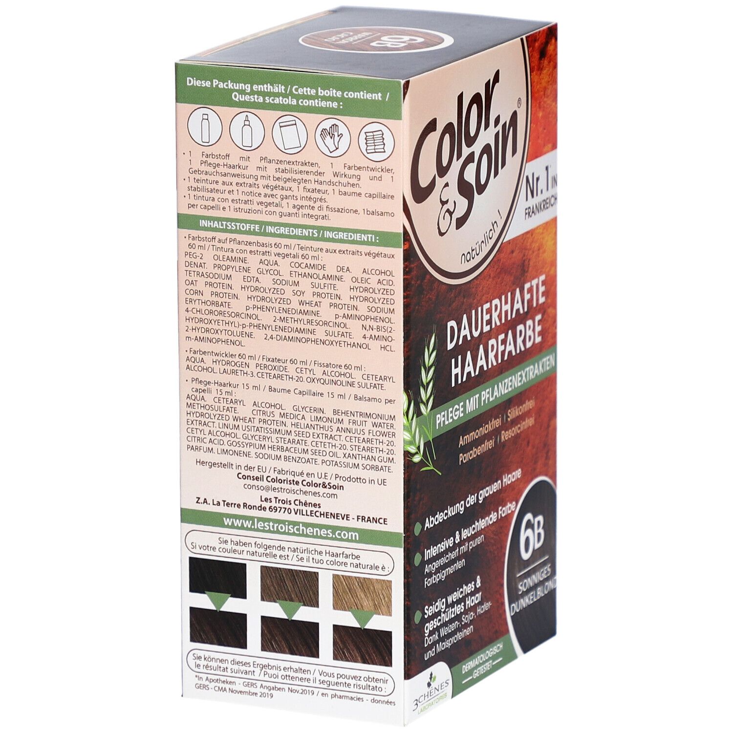 Dos de la boîte de coloration capillaire. Contient ingrédients et exemples de couleurs. Marque: Color & Soin. Fabriqué en France.
