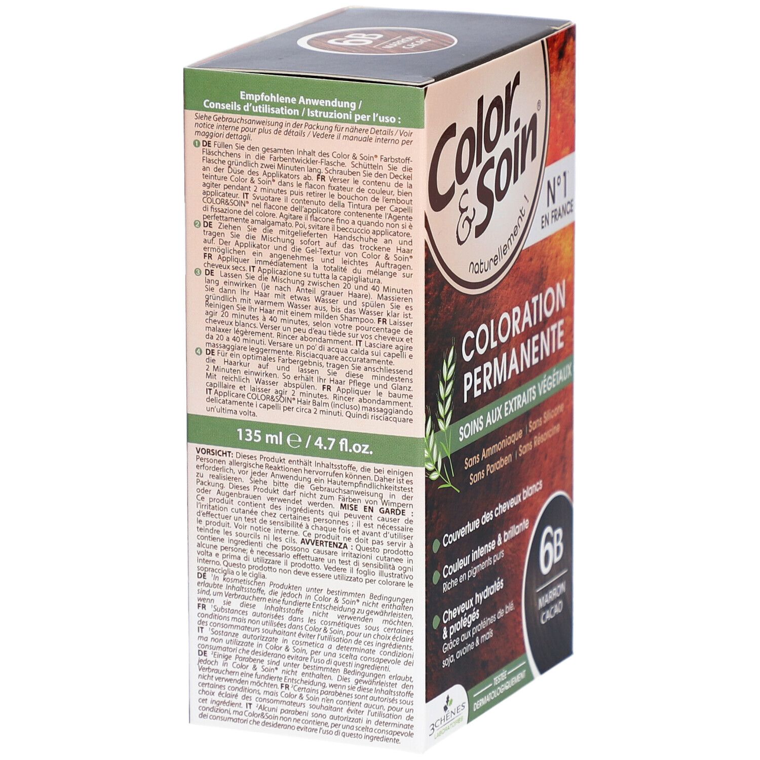 Dos de la boîte de coloration capillaire. Instructions d'utilisation et ingrédients. Marque: Color & Soin. 135 ml/4.7 fl.oz.