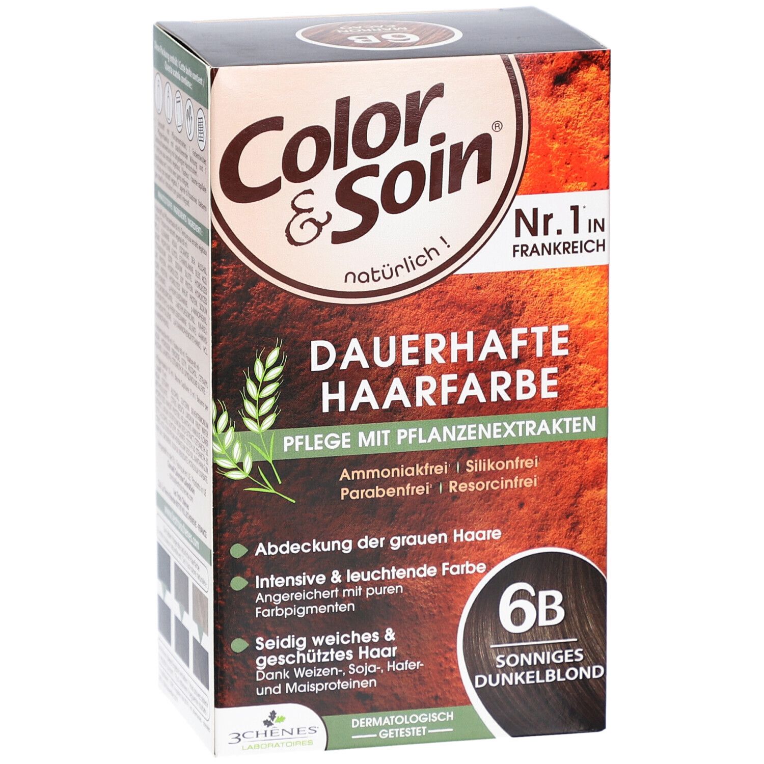 Boîte de coloration capillaire. Inscription: Color & Soin, 6B Sonniges Dunkelblond. Extraits de plantes. N°1 en France.