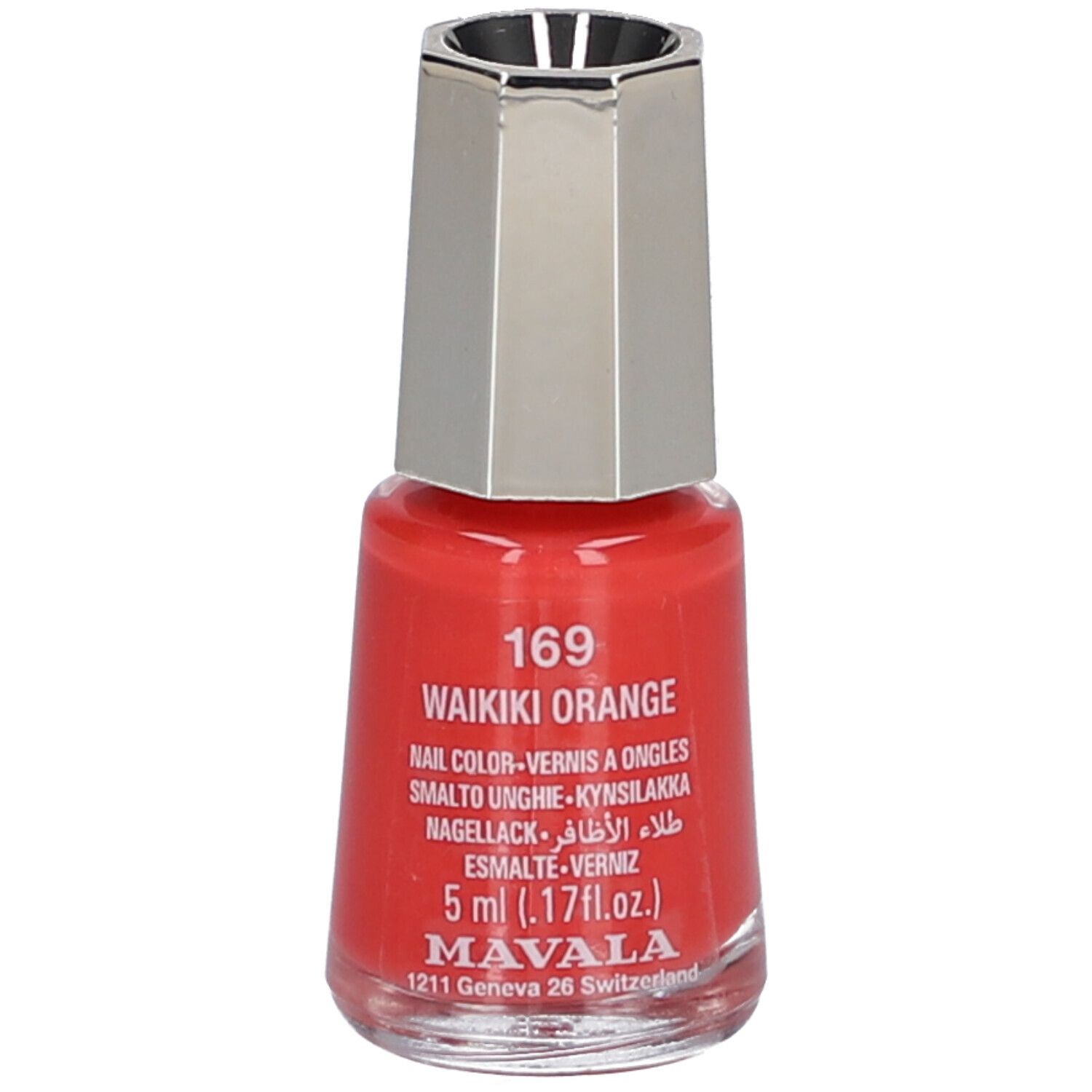 Flacon de vernis à ongles orange. Nom: 169 Waikiki Orange. Marque: Mavala. Bouchon argenté. 5 ml.