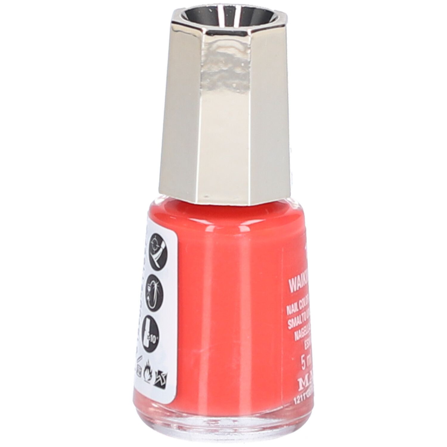 Flacon de vernis à ongles orange. Dos avec symboles et texte. Bouchon argenté.