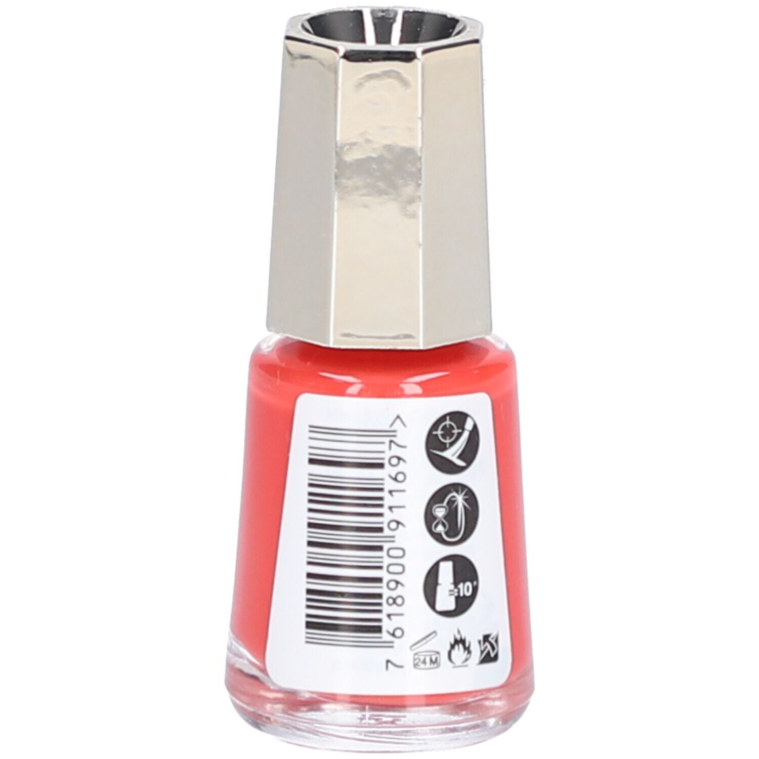 Flacon de vernis à ongles orange. Dos avec code-barres et symboles. Bouchon argenté.