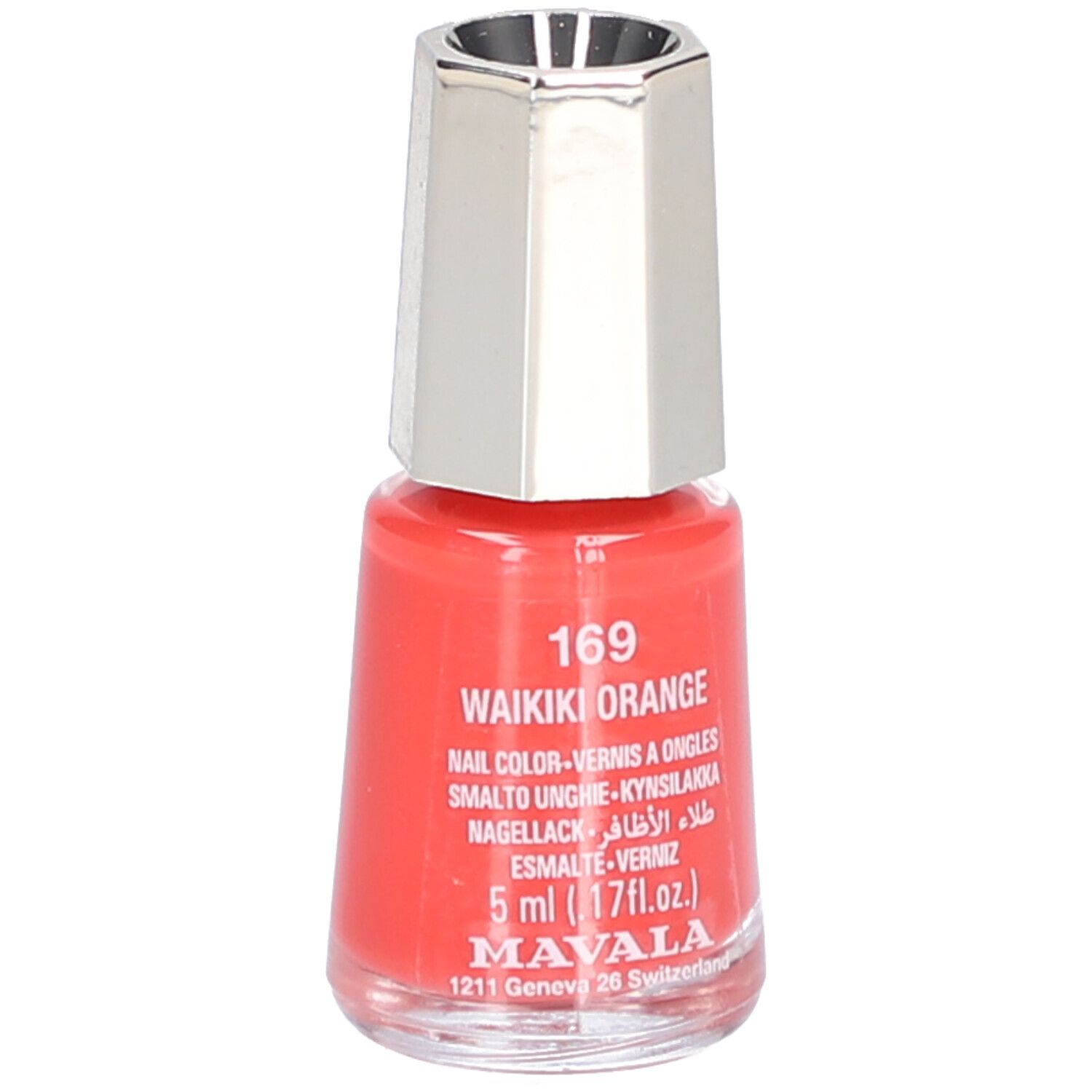 Flacon de vernis à ongles orange. Nom: 169 Waikiki Orange. Marque: Mavala. Bouchon argenté. 5 ml.