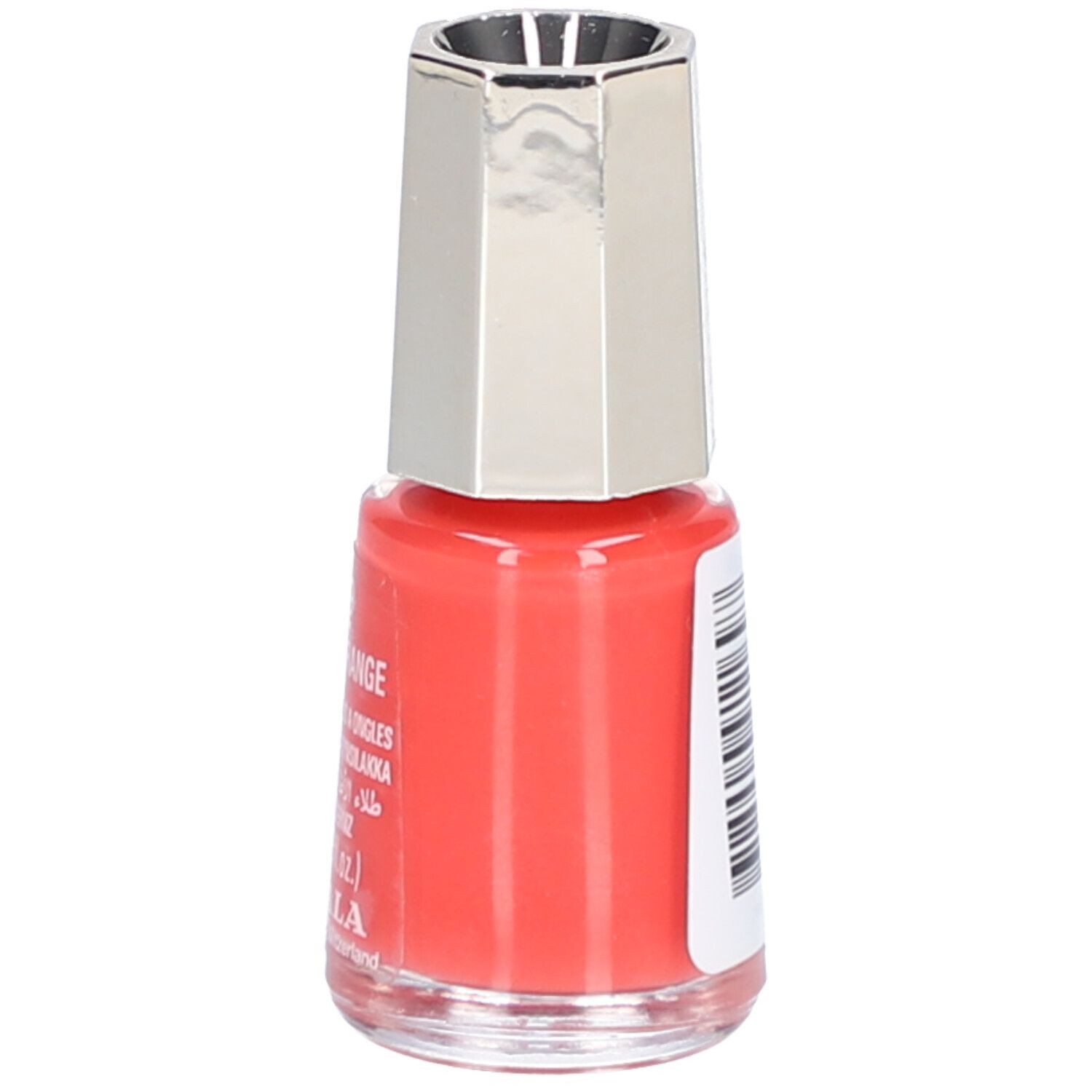 Flacon de vernis à ongles orange. Dos avec texte. Bouchon argenté.