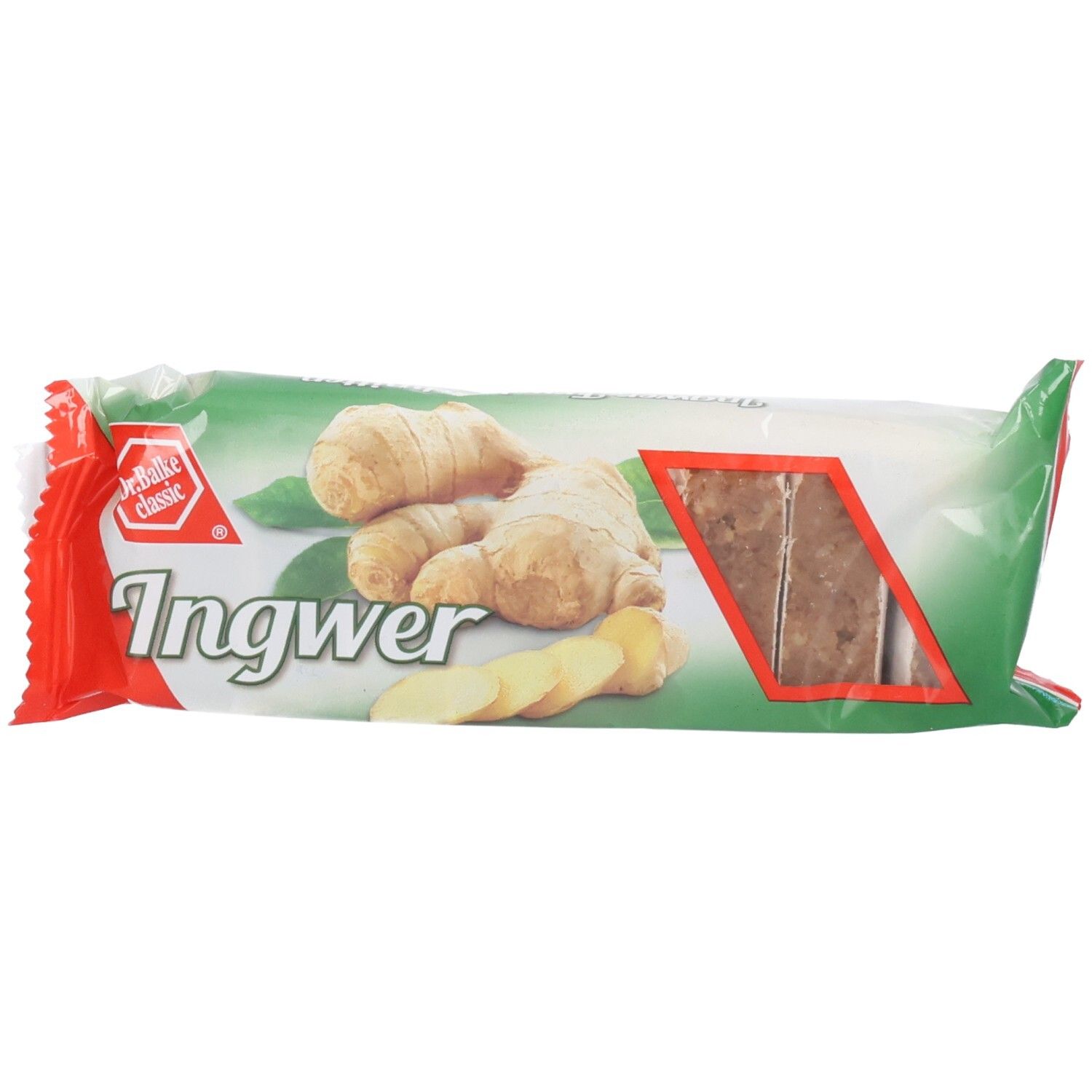 Emballage de Ingwer-Honig. Design vert et blanc avec image de gingembre et texte rouge. Fenêtre montrant le produit.