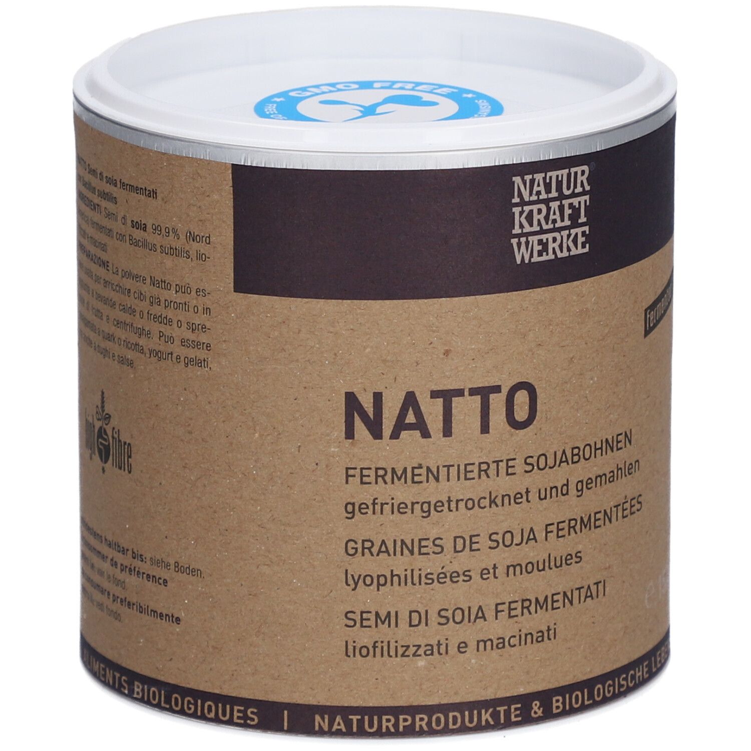 Cilindervormige doos met NATTO-opschrift. Bruine container met witte deksel. Merk NATURKRAFTWERKE.