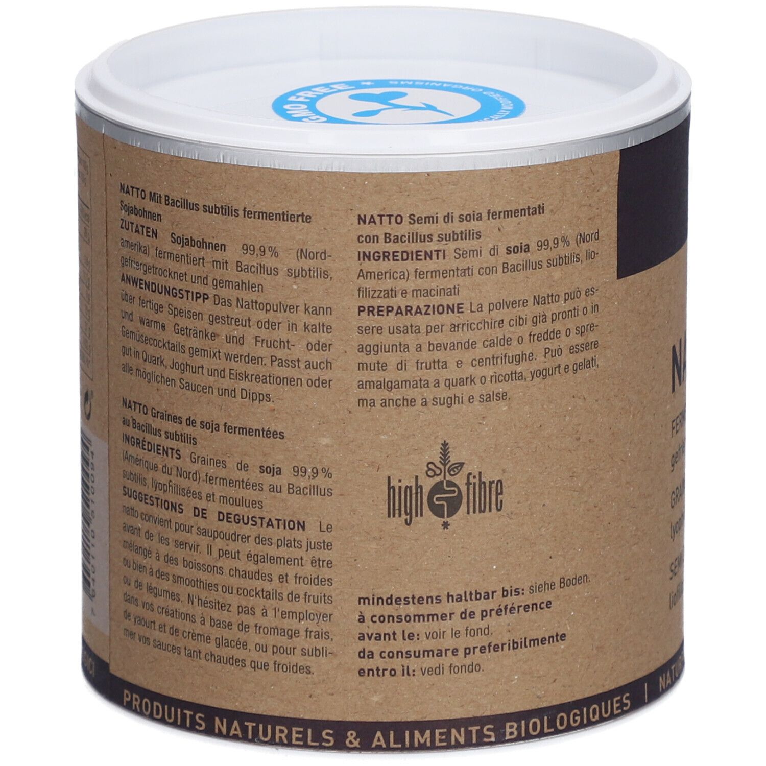 Doos met tekst. Ingrediënten, gebruikstips en voedingswaarde-informatie. High Fibre-logo. Ten minste houdbaar tot.
