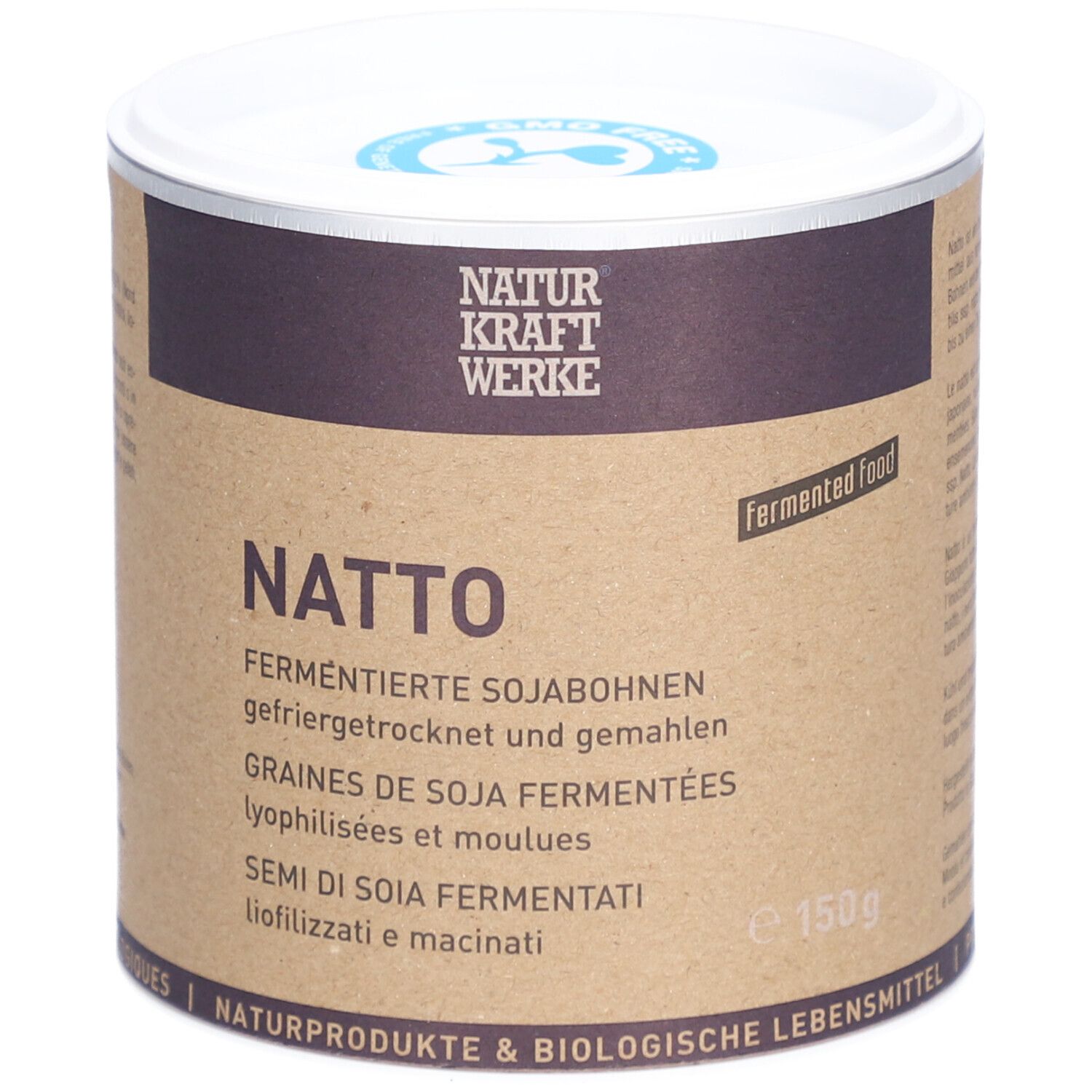 Cilindervormige doos met NATTO-opschrift. Bruine container met witte deksel. 150g. Fermented food.