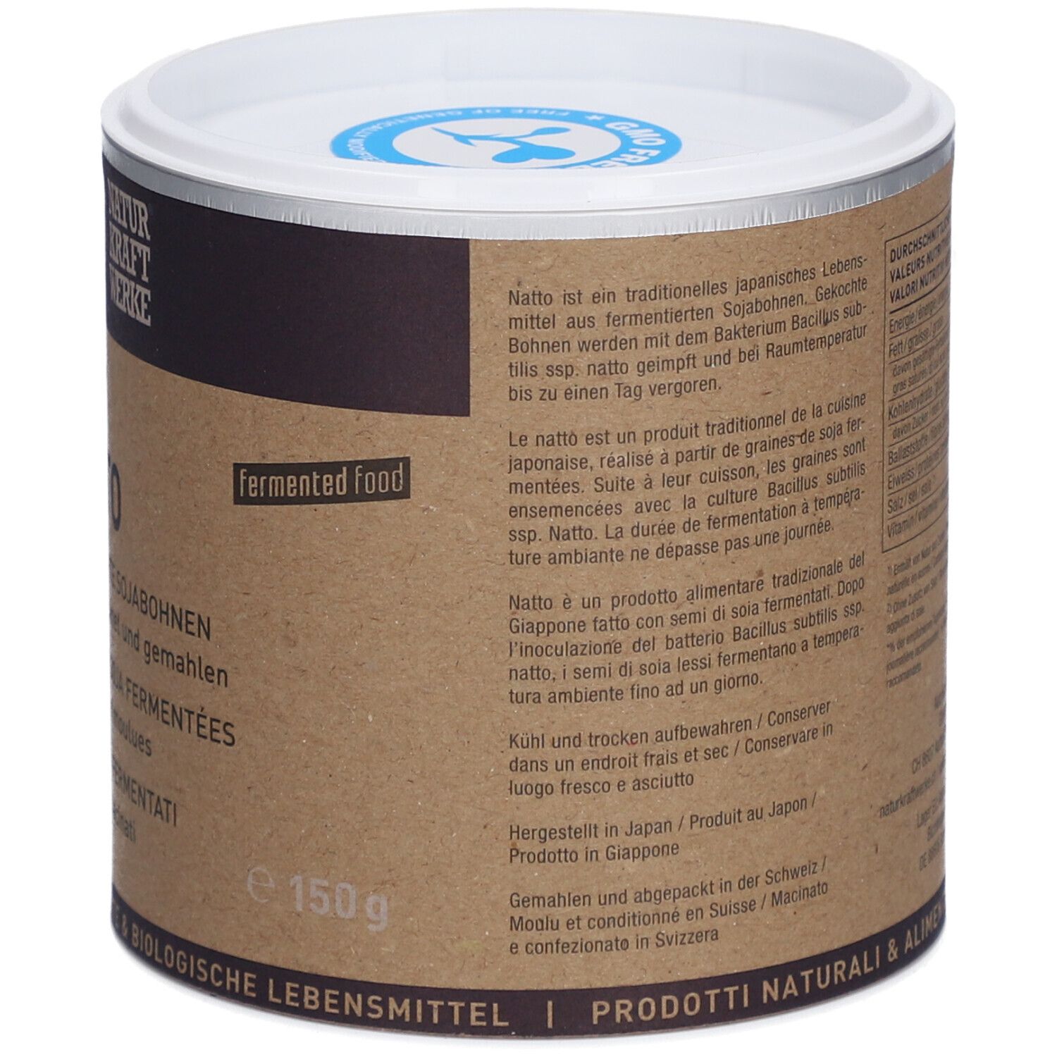 Doos met tekst. Beschrijving van NATTO. 150g. Fermented food. Gemaakt in Japan. Product uit Japan.