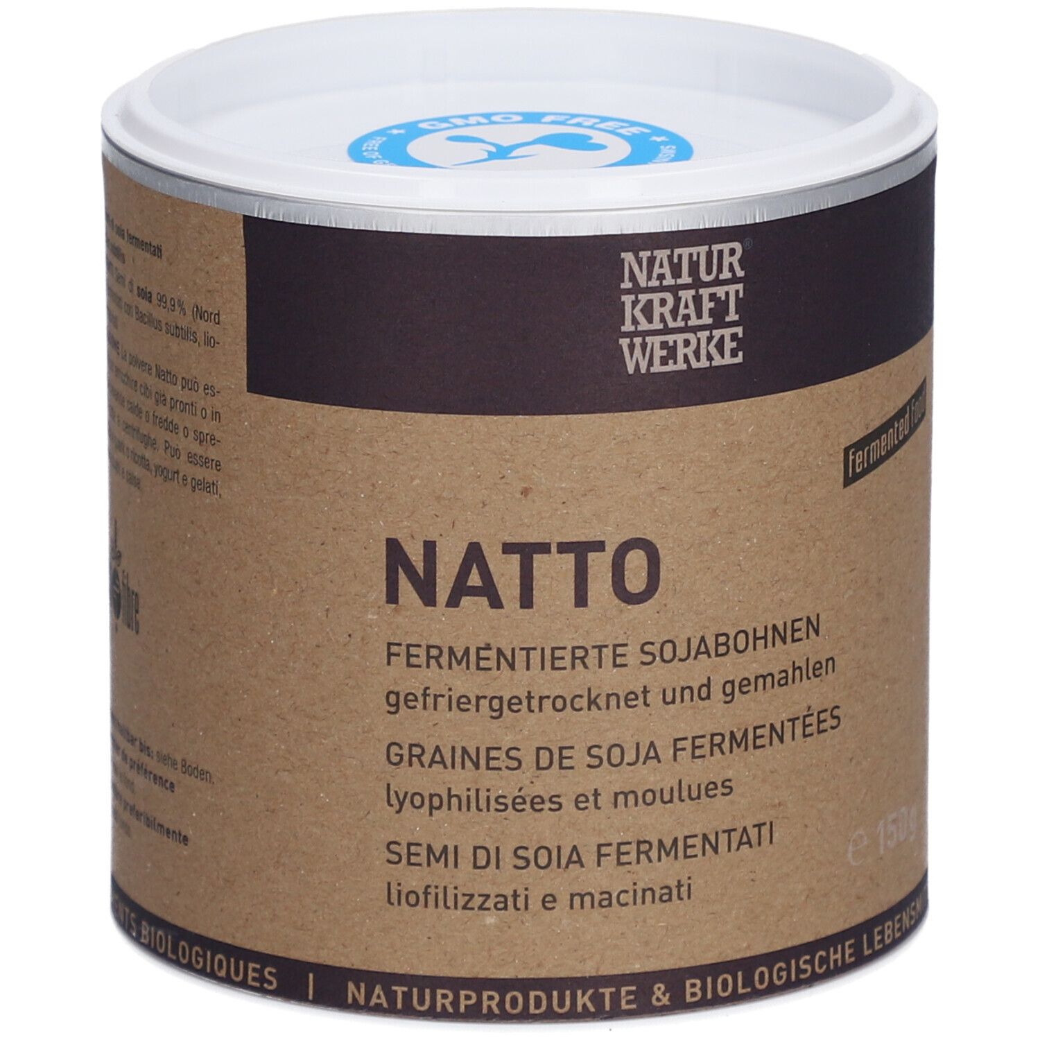 Cilindervormige doos met NATTO-opschrift. Bruine container met witte deksel. Merk NATURKRAFTWERKE.