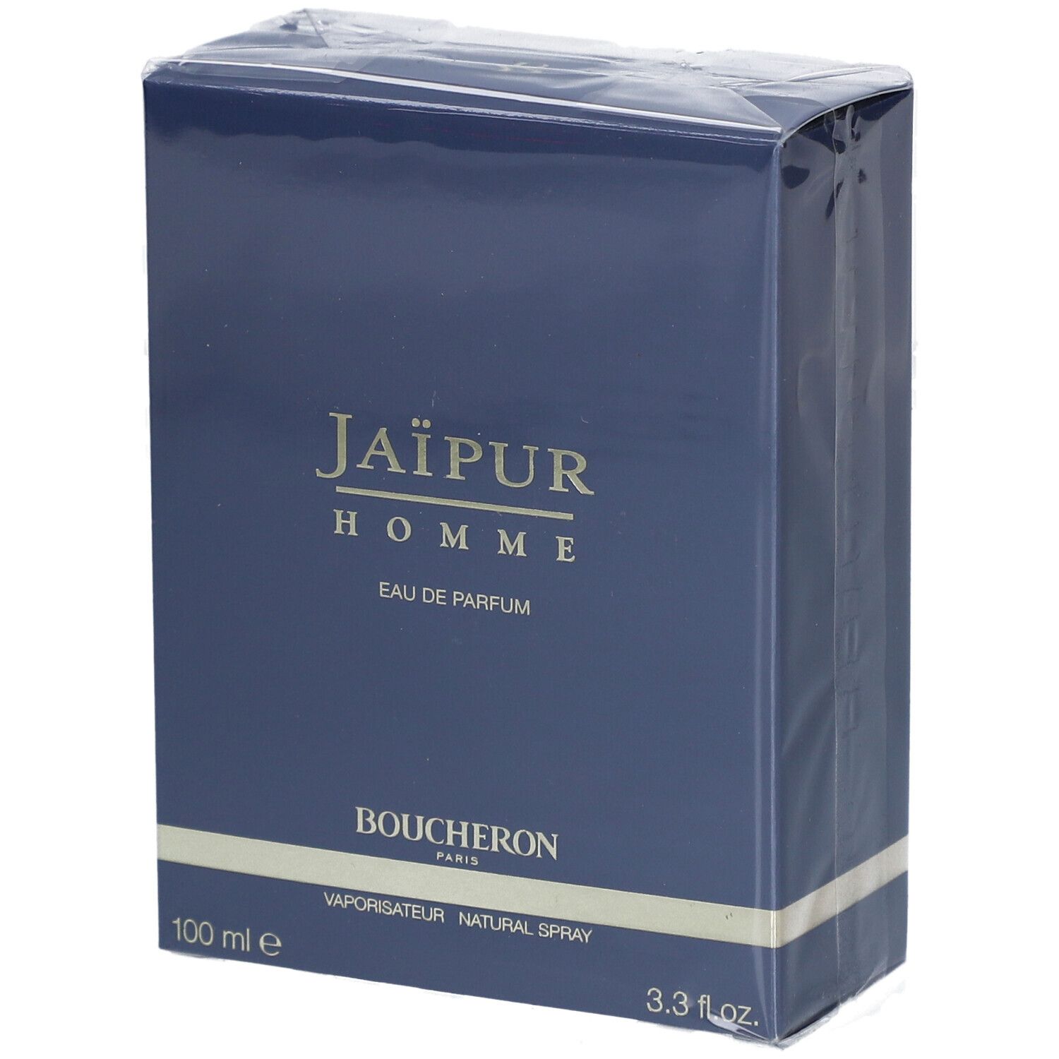 Blauwe verpakking van Jaïpur Homme Eau de Parfum. Opschrift: Boucheron, 100 ml, natural spray.