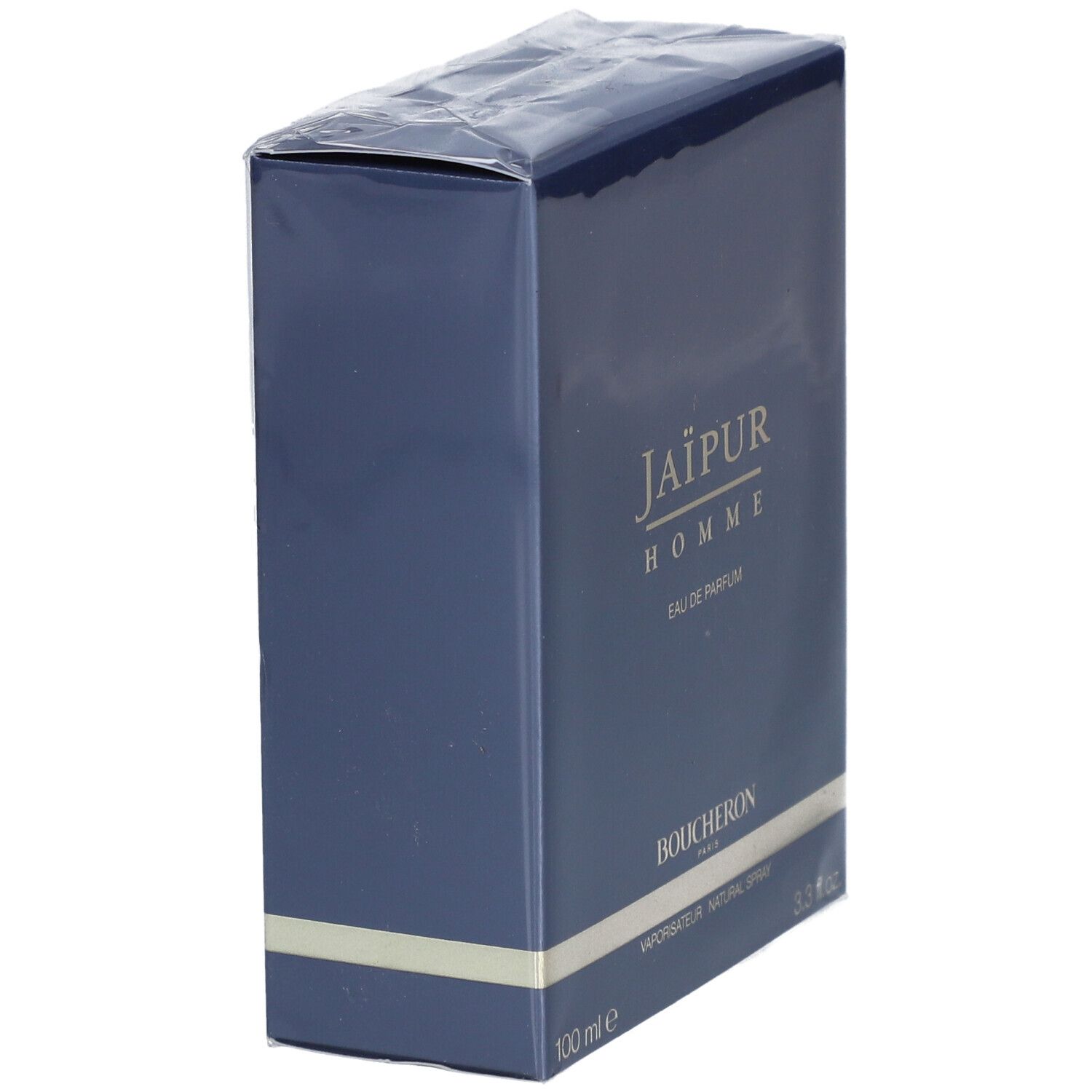 Blauwe verpakking van Jaïpur Homme Eau de Parfum. Opschrift: Boucheron, 100 ml, natural spray.