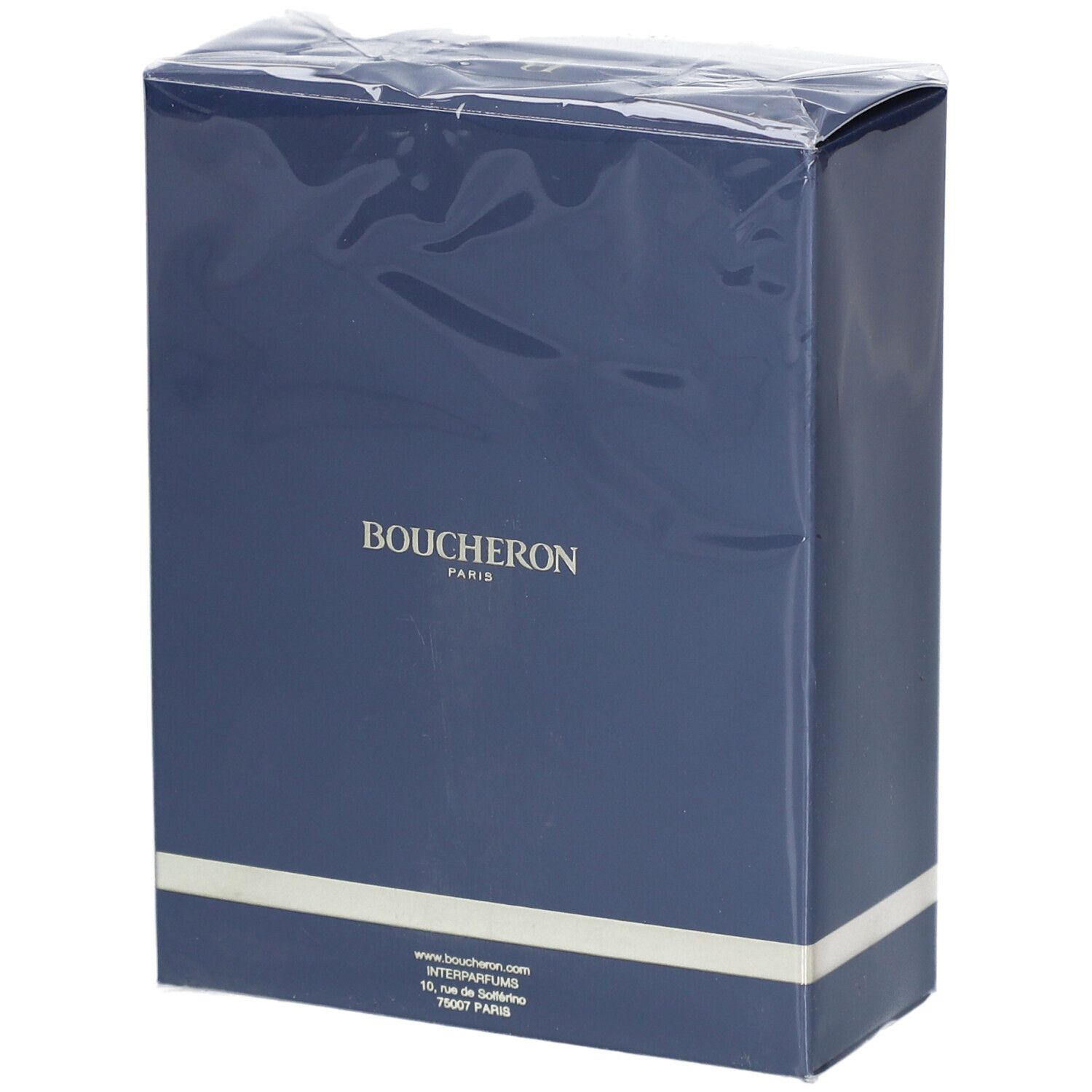 Blauwe verpakking van parfum Boucheron Paris. Opschrift: adres en contactgegevens.