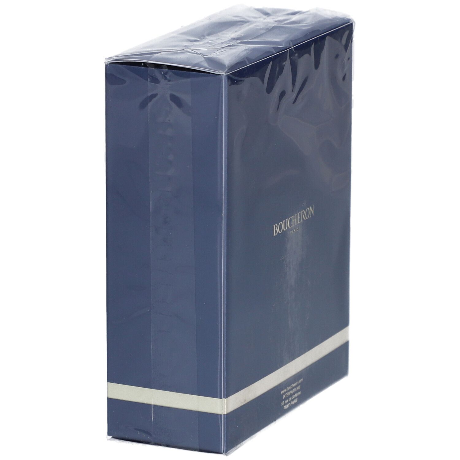 Blauwe verpakking van parfum Boucheron Paris. Opschrift: adres en contactgegevens.