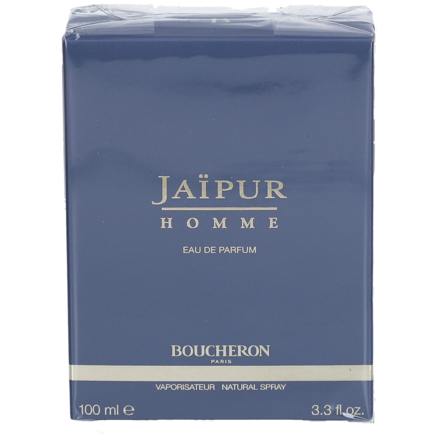 Blauwe verpakking van Jaïpur Homme Eau de Parfum. Opschrift: Boucheron, 100 ml, natural spray.