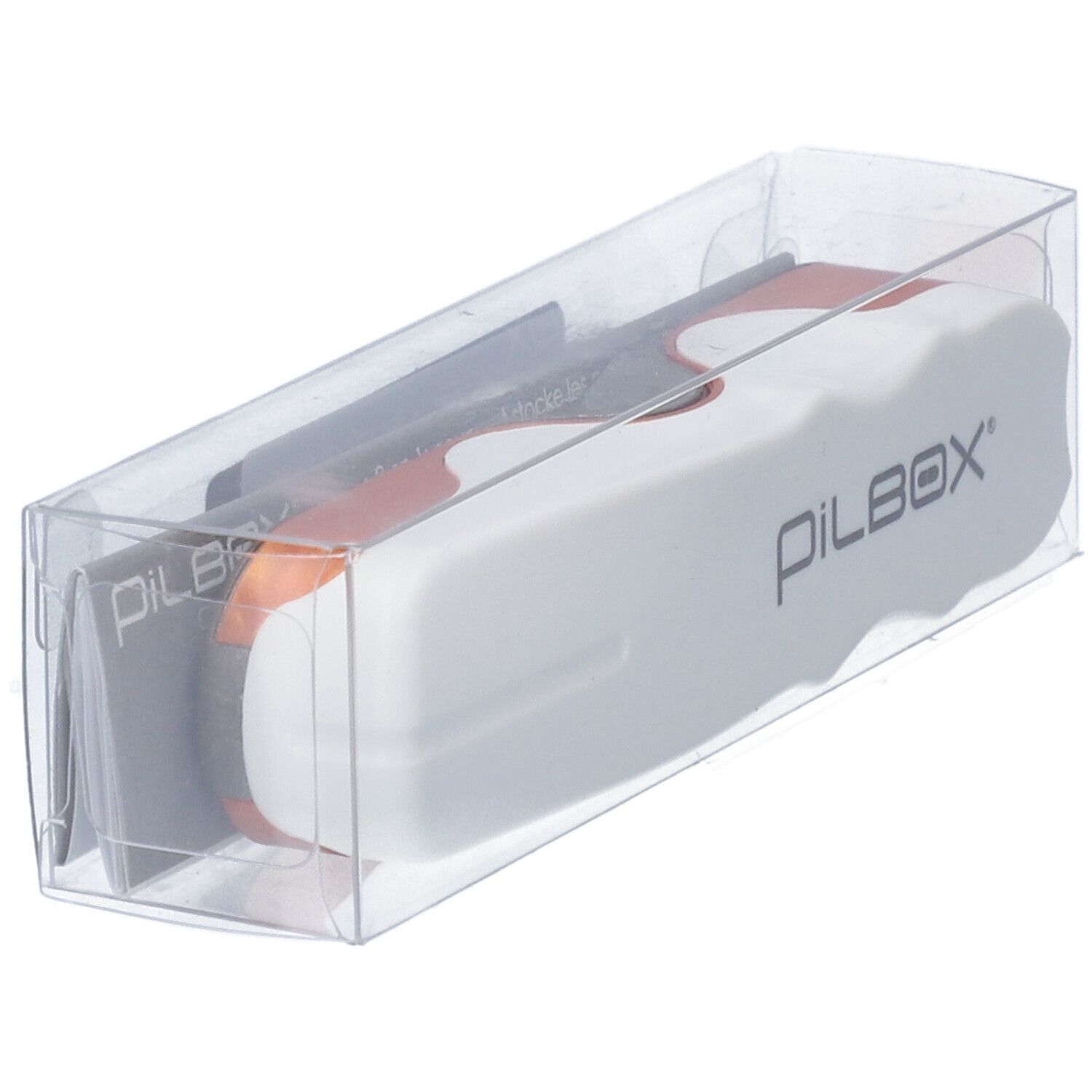 Pilbox tablettensnijder in transparante verpakking. Wit met oranje element. PILBOX logo.