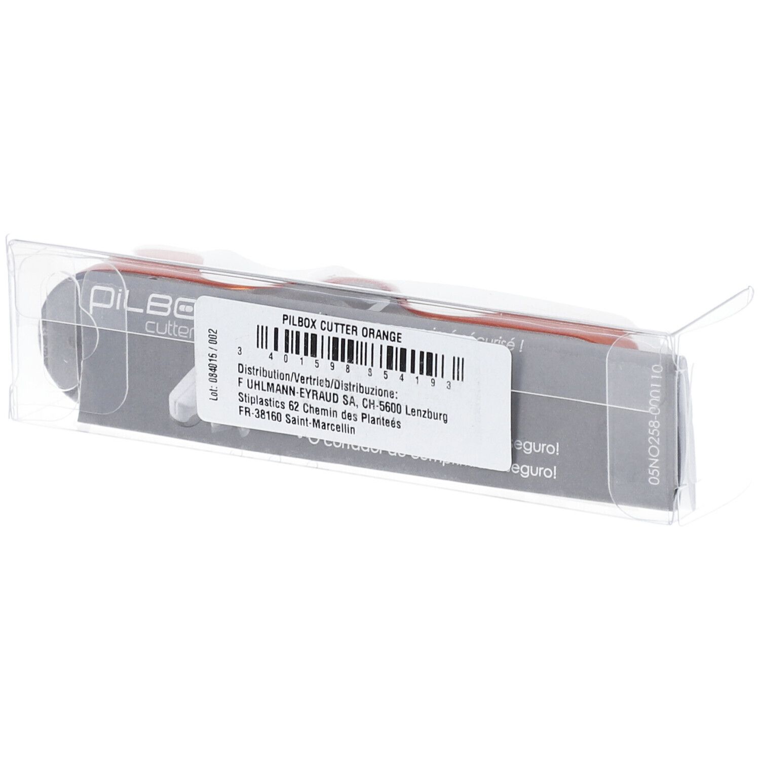 Verpakking met tablettensnijder. Label met productinformatie. PILBOX CUTTER ORANGE.
