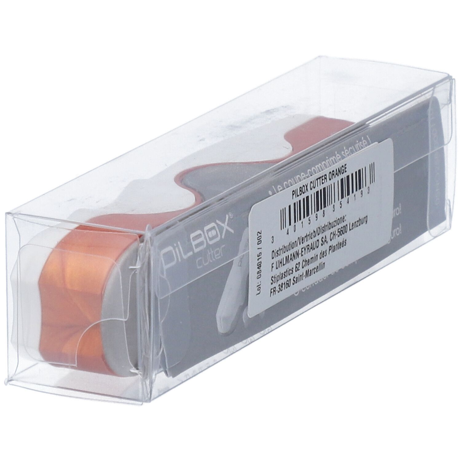 Tablettensnijder in verpakking. Oranje element zichtbaar. PILBOX CUTTER ORANGE label.