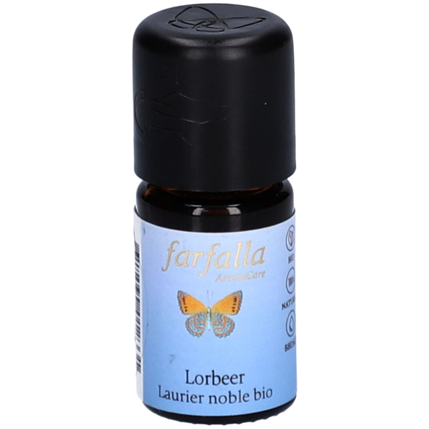 Bruine glazen fles met zwarte dop. Etiket met vlinder, tekst 'farfalla AromaCare' en 'Lorbeer Laurier noble bio'.