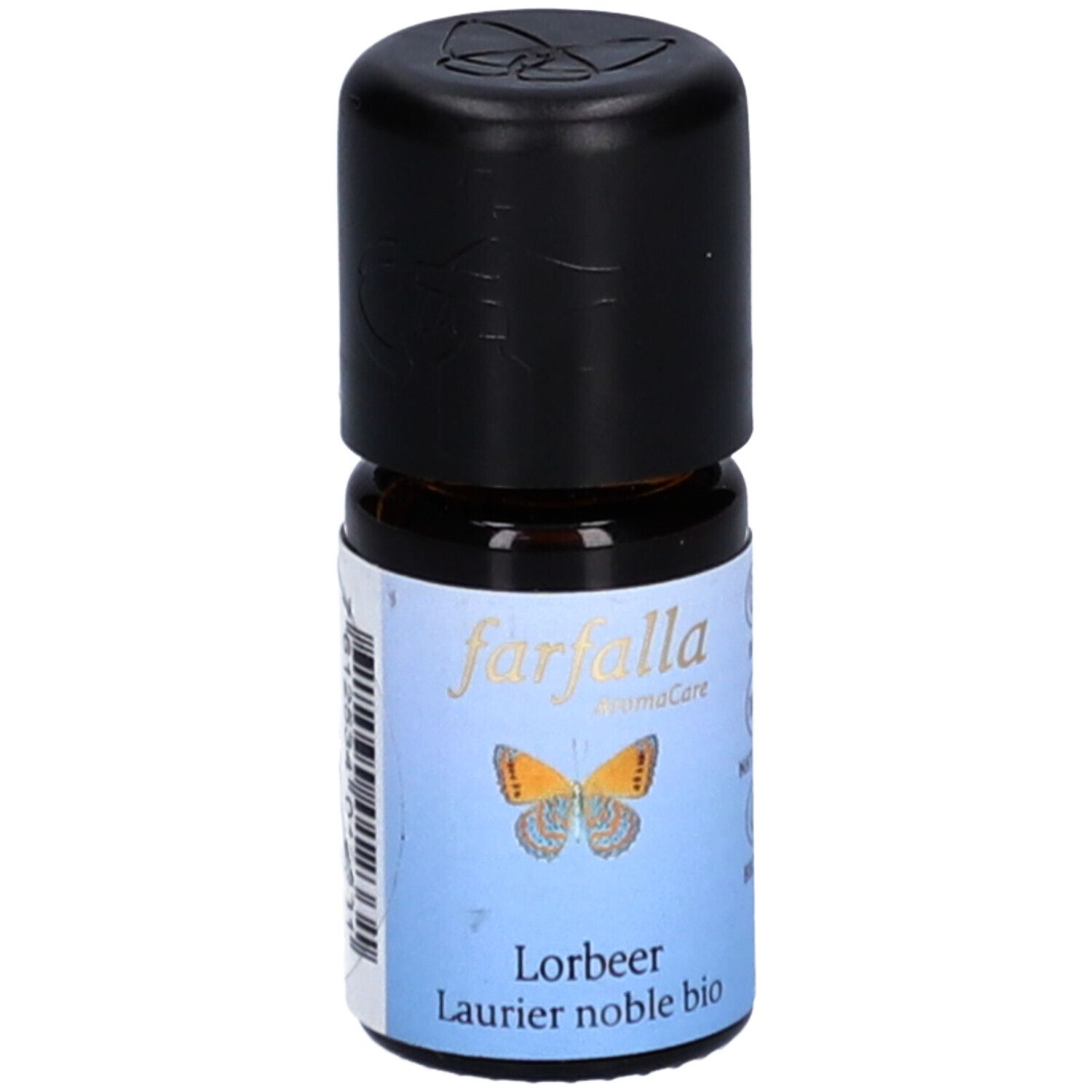 Bruine glazen fles met zwarte dop. Etiket met vlinder, tekst 'farfalla AromaCare' en 'Lorbeer Laurier noble bio'.