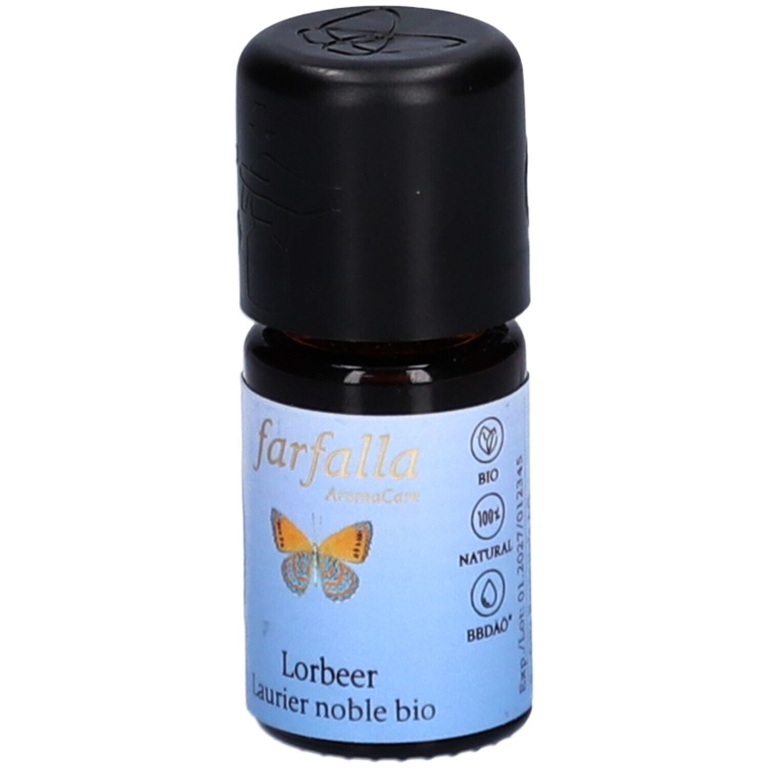 Bruine glazen fles met zwarte dop. Etiket met vlinder, tekst 'farfalla AromaCare', bio-keurmerk en 'Lorbeer Laurier noble bio'.