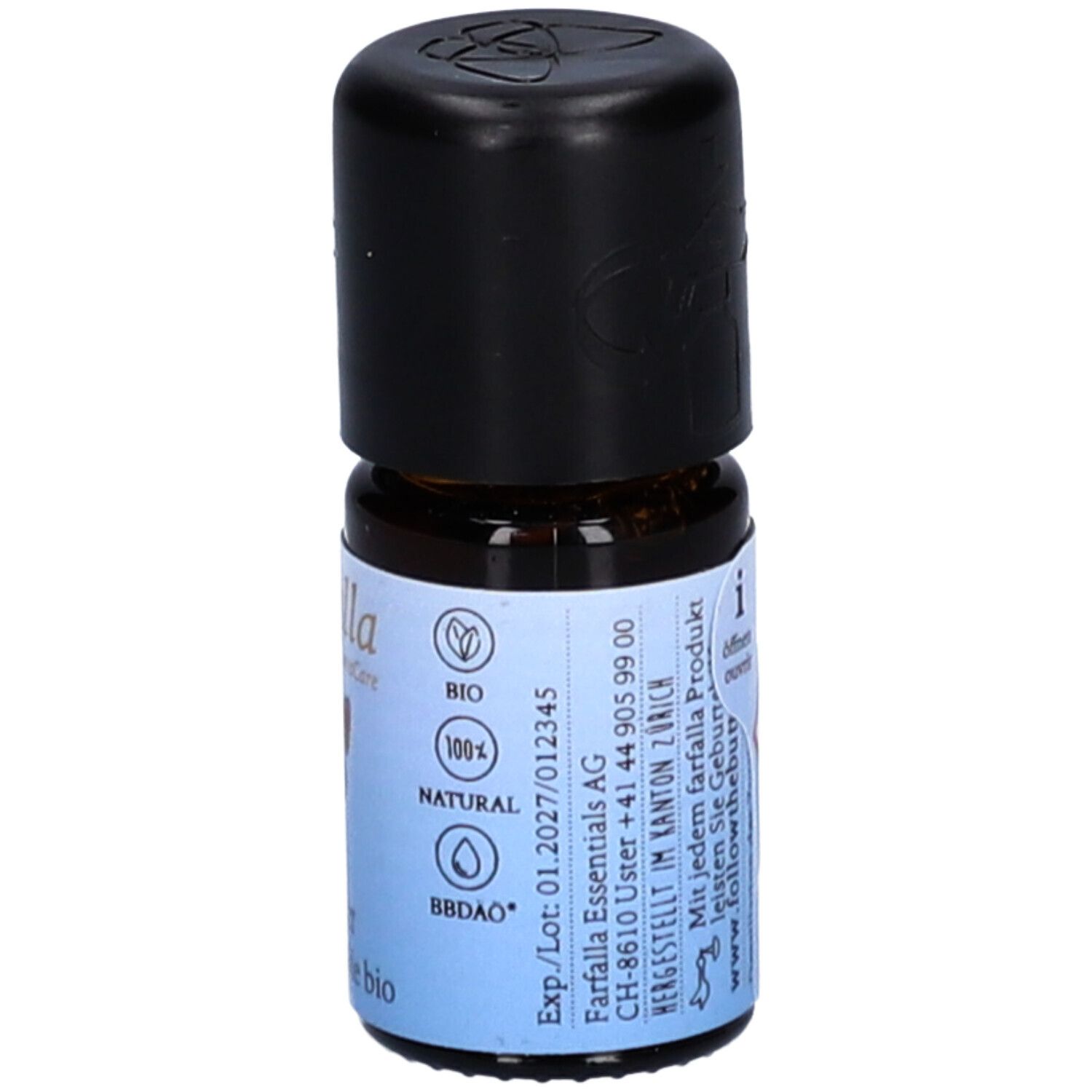 Bruine glazen fles met zwarte dop. Etiket met bio-keurmerk, tekst 'farfalla AromaCare' en contactgegevens.